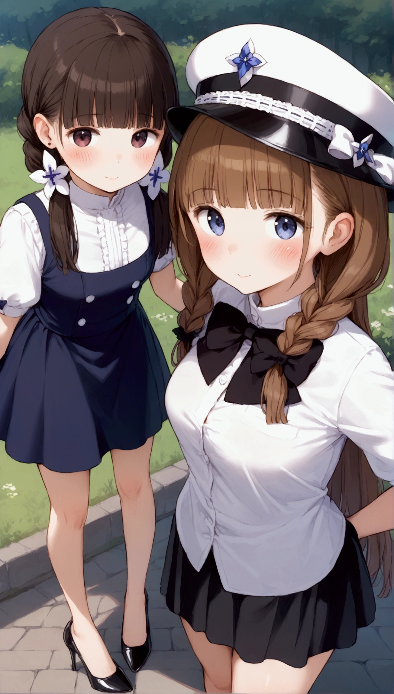 {Highest quality}, {Super beautiful},{Ultra fine},{Best illustration},Brown Hair,Hime cut,long hair,Braid,(1 female),Uniform cap,White Shirt,Short sleeve,Long black skirt,Night Park,Blushing,Slender women, Black stiletto heels,barefoot,Stand with your legs together,From an angle,from the front