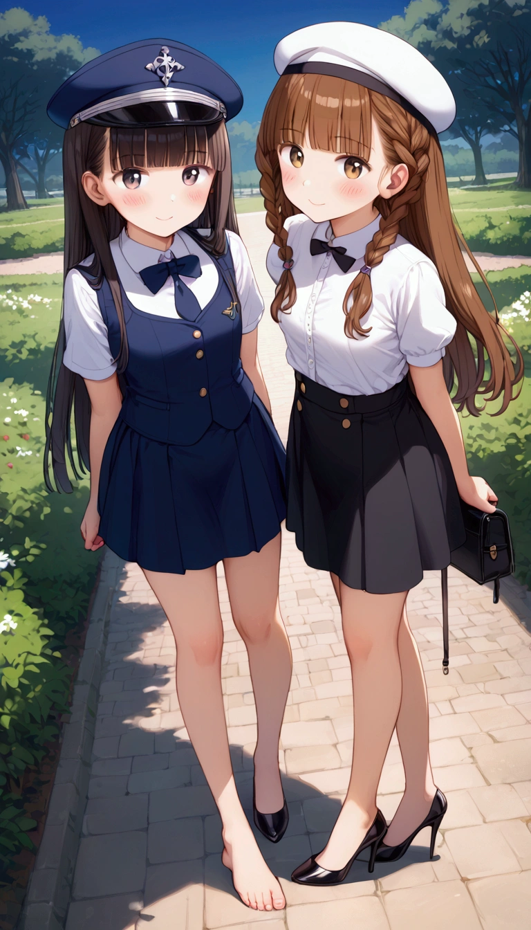 {Highest quality}, {Super beautiful},{Ultra fine},{Best illustration},Brown Hair,Hime cut,long hair,Braid,(1 female),Uniform cap,White Shirt,Short sleeve,Long black skirt,Night Park,Blushing,Slender women, Black stiletto heels,barefoot,Stand with your legs together,From an angle,from the front
