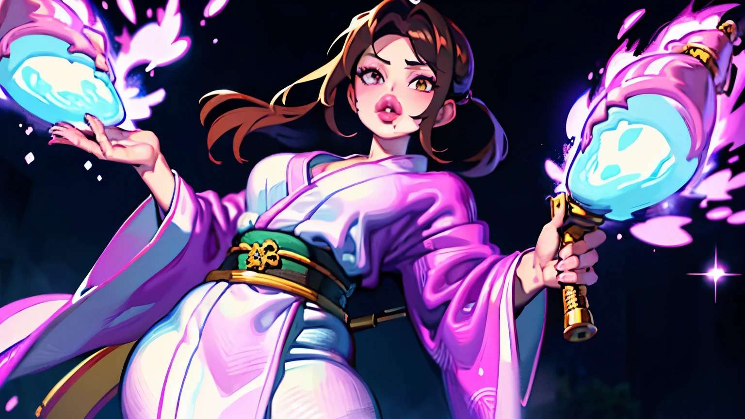  lips enormes, rosto angelical, serene expression, beautiful girl, Facial Focus,  (Ultra Detailed 1.2), (Full HD), (greasy skin)1 girl, standing alone, Japanese clothing, shorth hair, missiles, elsword, eyes browns, looking ahead at viewer, kimono, chestnut hair, lips, hand on hip, scabbard, ssmile, katana, Bblack hair, trunk, cloused mouth, scabbarded, hands up  