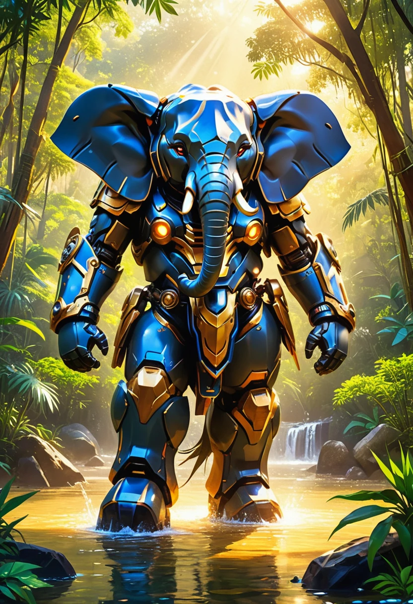 a portrait of a mecha elephant in the jungle, an epic mecha elephant ((full body: 1.5)), ((anatomically correct: 1.5)), (ultra detailed face: 1.2), mechanical eyes, ,mechanical trunk, in the savannah , full of savannah wild life, there is a stream of water, it is a sunny day, there are sun rays, savannah background, vibrant, Ultra-high resolution, High Contrast, (masterpiece:1.5), highest quality, Best aesthetics), best details, best quality, highres, 16k, (ultra detailed: 1.5), masterpiece, best quality, (extremely detailed) RAW, (ultra details, Masterpiece, best quality), nijimecha