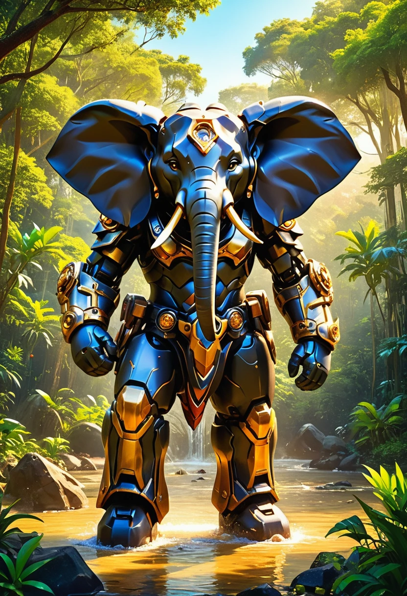 a portrait of a ((mechanical elephant: 1.2)) in the jungle, an epic mecha elephant ((full body: 1.5)), ((anatomically correct: 1.5)), (ultra detailed face: 1.2), mechanical eyes, ,mechanical trunk, in the savannah , full of savannah wild life, there is a stream of water, it is a sunny day, there are sun rays, savannah background, vibrant, Ultra-high resolution, High Contrast, (masterpiece:1.5), highest quality, Best aesthetics), best details, best quality, highres, 16k, (ultra detailed: 1.5), masterpiece, best quality, (extremely detailed) RAW, (ultra details, Masterpiece, best quality), nijimecha