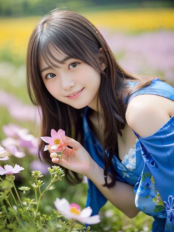 Photo-realistic quality、Japanese woman in a blue dress kneeling in a flower field, Beautiful Japanese girl face, Black Hair, Holding a cosmos flower in her hand、Young Japanese girl idol, In the grassland, Portrait of a Japan teenager,looking at the camera、Detailed and beautiful eyes、Cute smile、A soft and gentle look、thin strap dress、Cleavage