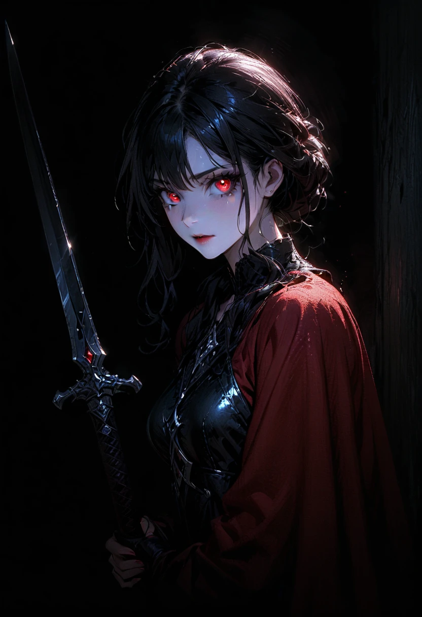 (full body portrait), 1girl, solo, holding weapon, sword, (long black hair), detailed face, mischief expression, pale white skin, red eyes, (detailed eyes), long eyelashes, black eye liner, red lipstick, black tunic, red cloak, long dress, leather glove, (chest armor), moonlight, hard lighting, blue light, cold light, (medieval theme), (masterpiece), super detailed, best quality, POV, dw01-3400