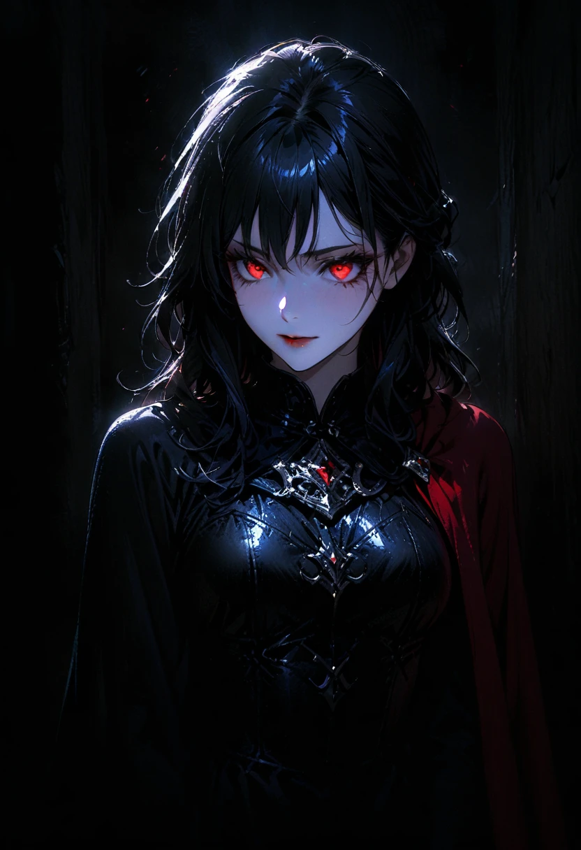(full body portrait), 1girl, solo, holding weapon, sword, (long black hair), detailed face, mischief expression, pale white skin, red eyes, (detailed eyes), long eyelashes, black eye liner, red lipstick, black tunic, red cloak, long dress, leather glove, (chest armor), moonlight, hard lighting, blue light, cold light, (medieval theme), (masterpiece), super detailed, best quality, POV, dw01-3400