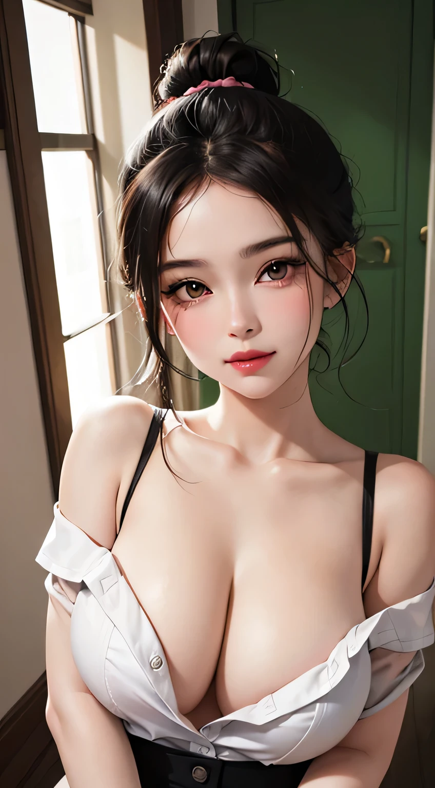 Amazing portrait of a sexy woman with a beautiful face with lustful eyes gazing seductively and parted pink lips smiling as she blushes deeply with her black hair in a bun wearing a green satin shirt that is partially unbuttoned and falling off her shoulders exposing her creamy pale porcelain skin in a very dimly lit bedroom giving off an intimate vibe during night time with soft lighting emphasizing all her beautiful features