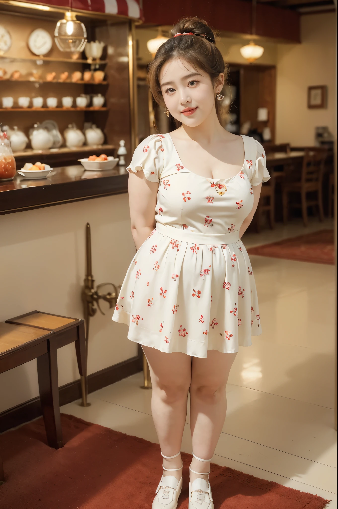 (((best quality))),(((ultra detailed))),(((masterpiece))),illustration,((a girl,solo)),(((obese,fat,plump,overweight))),((small breasts,flat chest)),(in Honey Snow City:1.3),(bubble tea:1.2), ((round face,double chin)),rosy cheeks, bright eyes,(short ponytail:1.2), delicate earrings,(short-sleeved dress:1.3), floral patterns,(thick thighs:1.2),(loafers:1.2),(hourglass figure:1.3),(Red and white theme:1.3),cozy tea shop, cheerful posters,sunlight, expressive face, joyful laughter, summer afternoon, content, at ease,(standing:1.3),(arms behind back:1.5),((from front,full body))