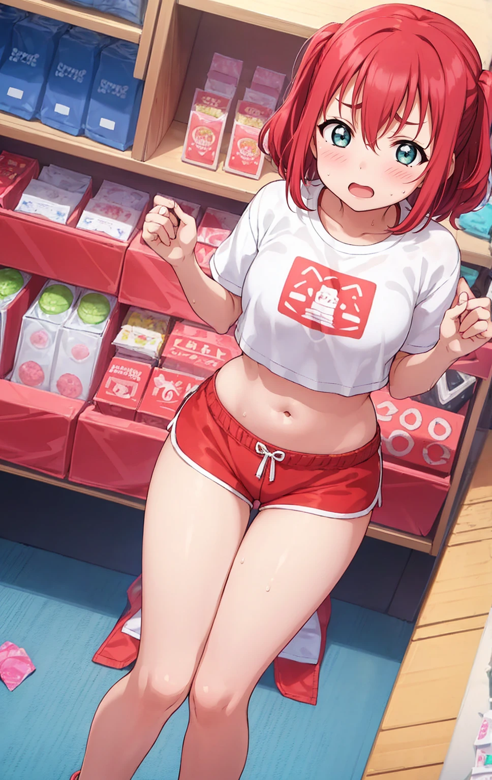 Kurosawa ruby,pink Crop top, white tight shorts,soaked in sweat,sweaty,  heavy breathing,red face,blunt hair,curvy body, standing in supermarket , from behind, leaning forward, hands on knees, condoms on shelf, trying to buy condoms,