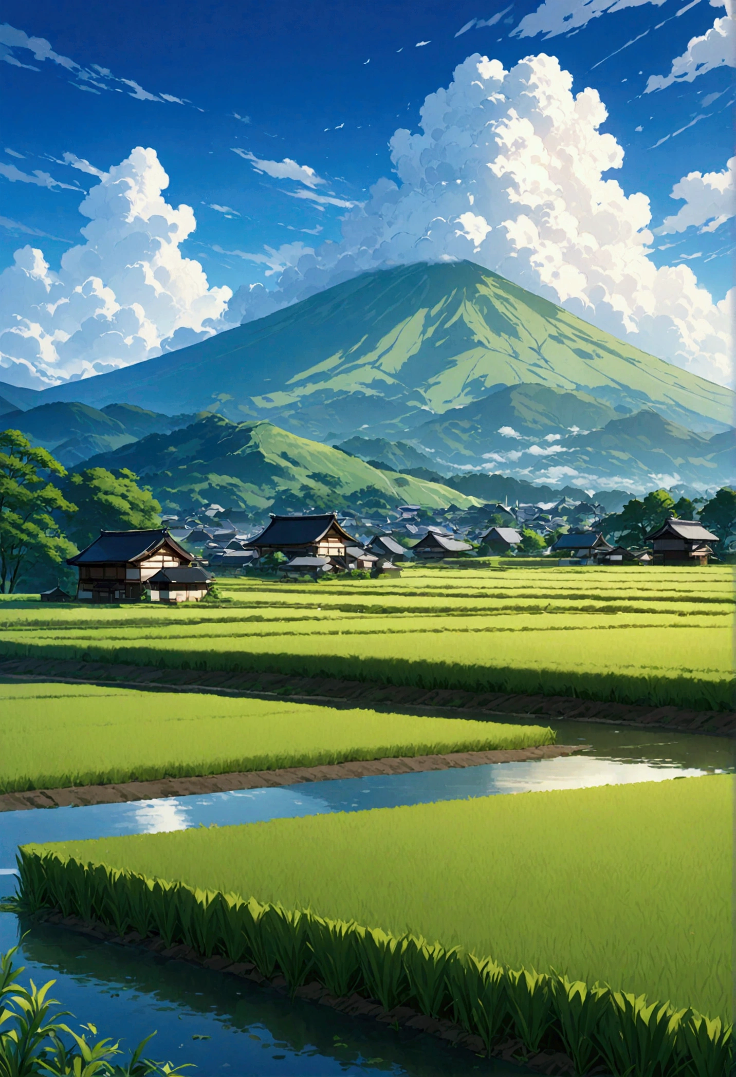 Japanese countryside,Rice Field,Azemichi,Midsummer,sunny,Cumulonimbus,Daytime,Highest quality, 8k, High resolution, masterpiece:1.2, Very detailed, Realistic:1.37, High resolution, 超High resolution, Very detailed, Professional, Vibrant colors