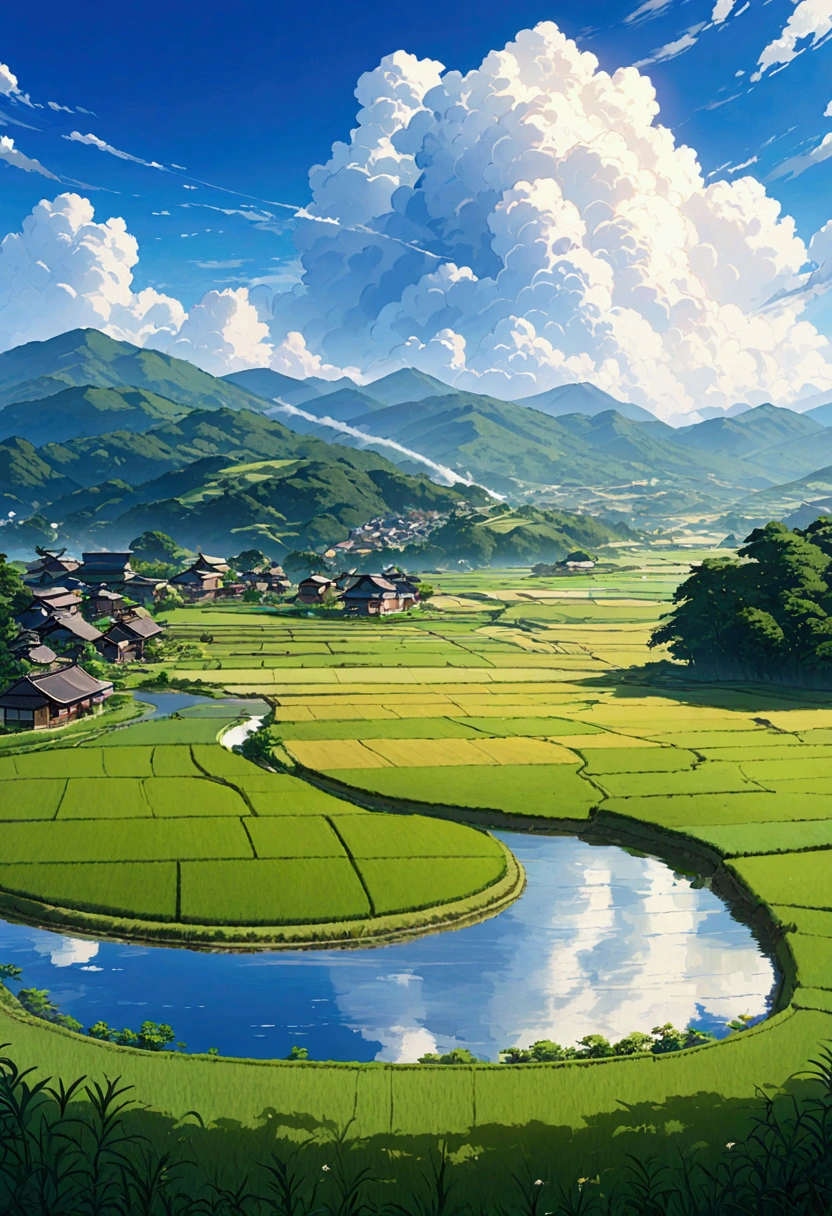 Japanese countryside,Rice Field,Azemichi,Midsummer,sunny,Cumulonimbus,Daytime,Highest quality, 8k, High resolution, masterpiece:1.2, Very detailed, Realistic:1.37, High resolution, 超High resolution, Very detailed, Professional, Vibrant colors