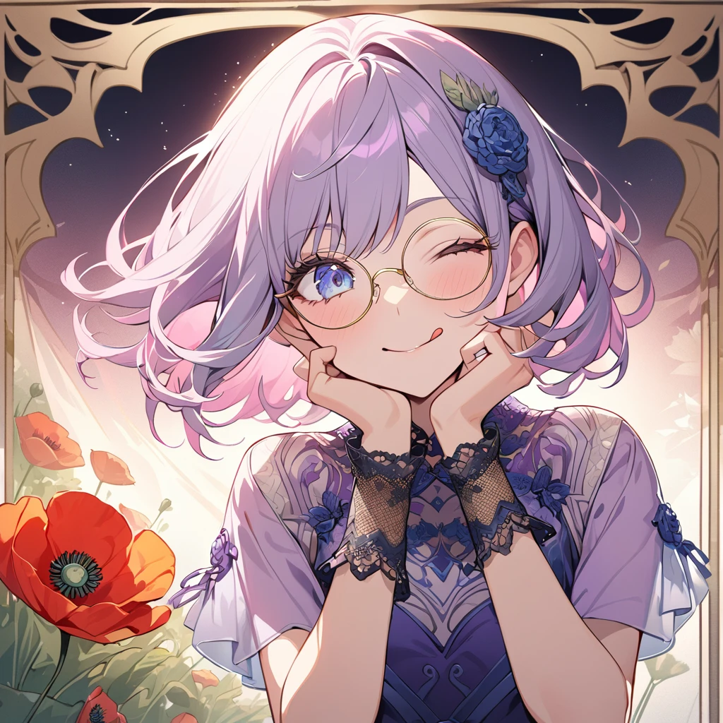 Hiori Light Art, Backlight, Pink Theme, (Art Nouveau:1.2), (Background of Meandros:1.2), pastel colour, One girl, alone, Portraiture, Pink Hair、Round Glasses、Short Bob,birthday whole cake, Striped Hair, Purple Eyes, 彼女はbirthday whole cakeが乗った皿を持ってきた, (Long eyelashes:1.2), blue eyes, Long eyelashes, Silk dress, Purple Dress, blue embroidery, Short sleeve, Lace gloves, Wrist scrunchies, Gold border, (Emphasis on high-quality fabrics, embroidery:1.2 ), close, (;q:1.1), Round Glasses,Short Bob,Close one eye, Conceit, Mouth closed, tongue, Put your hand on your cheek, head_Tilt, (Emphasis on high-quality fabrics, embroidery:1.2), bloom, Shine, Perfect lighting, masterpiece, Highest quality, Incredibly absurd, Super detailed, reflection, , Poppy,