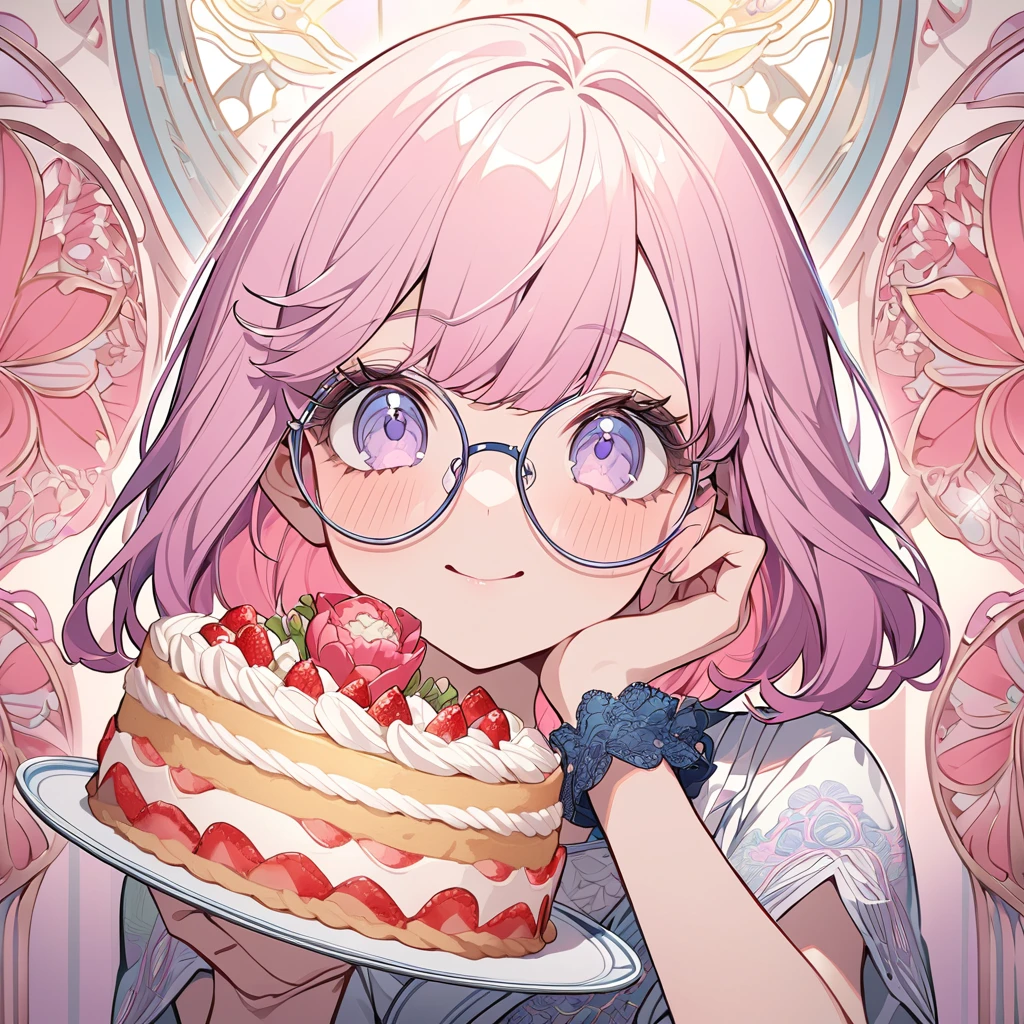 Hiori Light Art, Backlight, Pink Theme, (Art Nouveau:1.2), (Background of Meandros:1.2), pastel colour, One girl, alone, Portraiture, Pink Hair、Round Glasses、Short Bob，誕生日のホールcake, Striped Hair, 彼女は誕生日のホールcakeが乗った皿を持っている, (Long eyelashes:1.2), Light purple eyes, Round Glasses，Long eyelashes, Silk dress, cakeのドレス, blue embroidery, Short sleeve, Birthday mood、Lace gloves, Wrist scrunchies,  (Emphasis on high-quality fabrics, embroidery:1.2 ), close, (;q:1.1), Open both eyes，Conceit,Scheming expression, Put your hand on your cheek, head_Tilt, (Emphasis on high-quality fabrics, embroidery:1.2), bloom, Shine, Perfect lighting, masterpiece, Highest quality, Incredibly absurd, Super detailed, reflection, cake, Poppy, peony