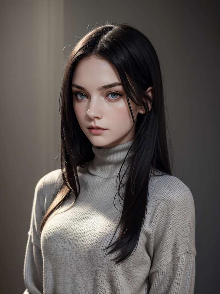 (best quality), 1girl, female, pale skin, (black hair), long hair, straight hair, grey eyes, perfect eyes, turtleneck sweater, stylish, elegant, serious, masterpiece, anatomically correct, highres
