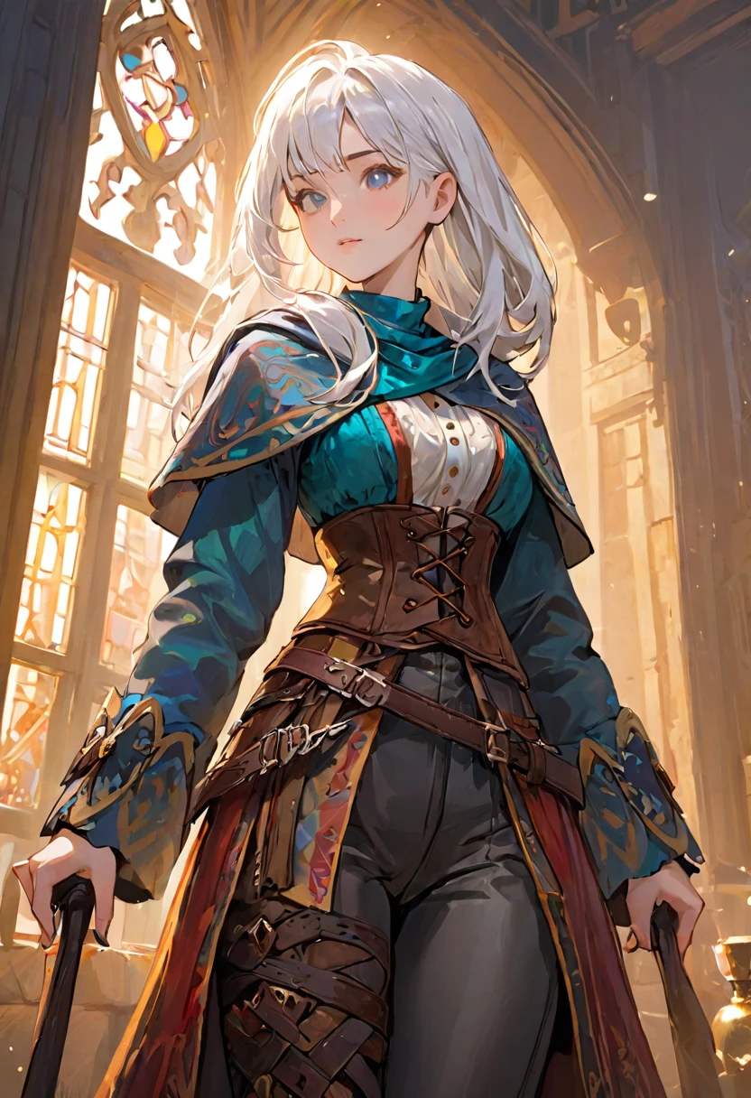 (white hair), white hair 1:4, multicolor patterned clothing 1:5, colorful clothing, female adventurer, game art style, (masterpiece 1:5), colorful clothing 1:5, scarves, leather belts, half skirt over pants and boots, flowing blouse and leather corset, best quality, highres, 4k, 8k, Detailed Illustration, intricate detail, cinematic lighting, amazing quality, 1girl, fit female, amazing shading, soft lighting, facing camera, perfect eyes