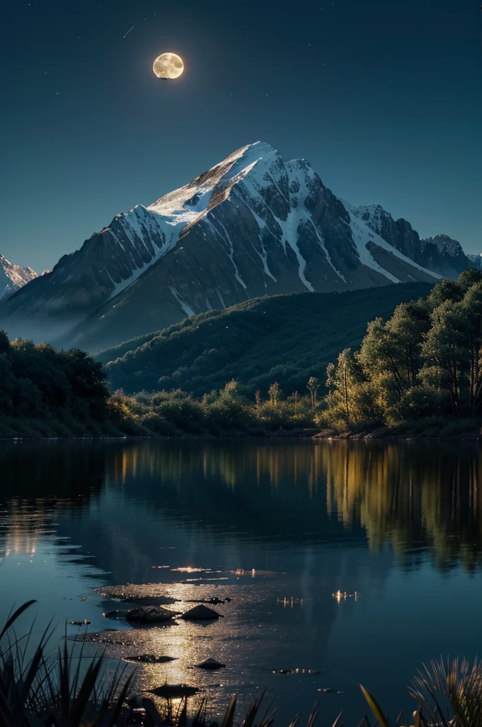 Night scene with some homemade Asian, Vietnam, Vietnam, Khazyang, moon, lake in the foreground, calm night, green and blue, digital illustration, Highly detailed 4K digital art, Night Landscape, Anime Art Wallpaper 4k, anime art wallpaper 4k, Detailed 4k digital art, Night Landscape природы, anime art wallpaper 8k, background image, beautiful art uhd 4k, 4k HD illustrative wallpaper