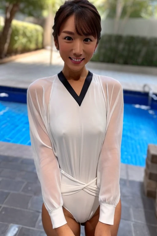 gorgeous woman, 1 girl, white onepiece swimsuit:1.2, skinny, healthy, perfect body:1.2, abs:1.1,  Gold hair:1.400, Rain Wet, wet body:1.2, night pool room:1.6, ultra-detailed face, detailed lips, detailed eyes, double eyelids, pubic hair, black skin, trimmed bangs, shy smile, (best quality,8k,masterpiece:1.3)  Frontal and full-body shot Pussy line 開脚