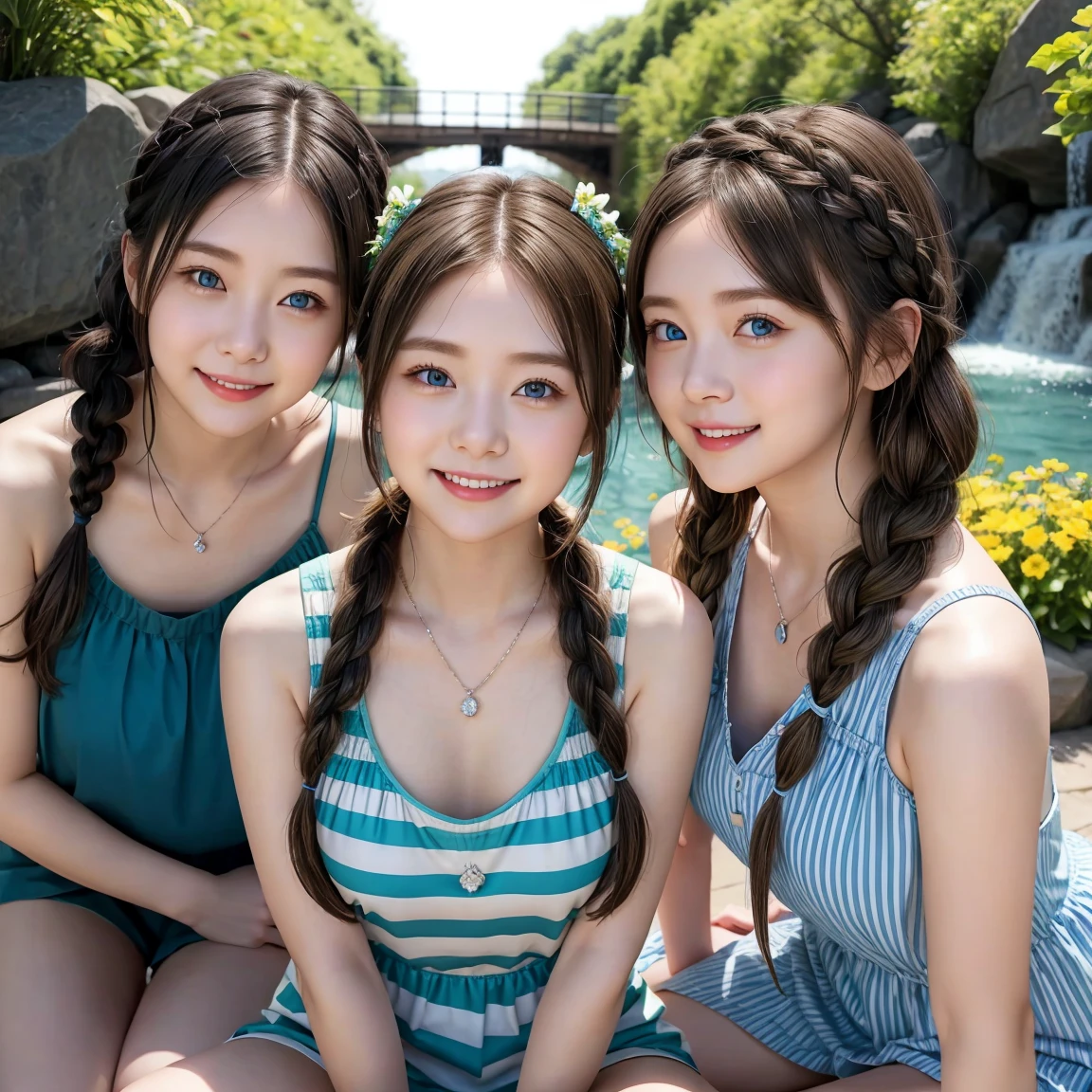 ( 3 girls),smile、Look into the camera、Diamond necklace、Braided hair, random colored tank top:1.2、The material is smooth and flexible.、exposed upper arms、Blue-green striped knee-length socks Extra long twin tail hair、close range shooting、Flower Hair Ornaments、Blindfold、Garter、 Masterpiece, Highest quality, 8ก, beautiful girl, young face、 photography, Cute face, thigh, waterfall,、รอยsmile、small waist, blue eyes(((The chest is erect.)))(large round chest:1.5),