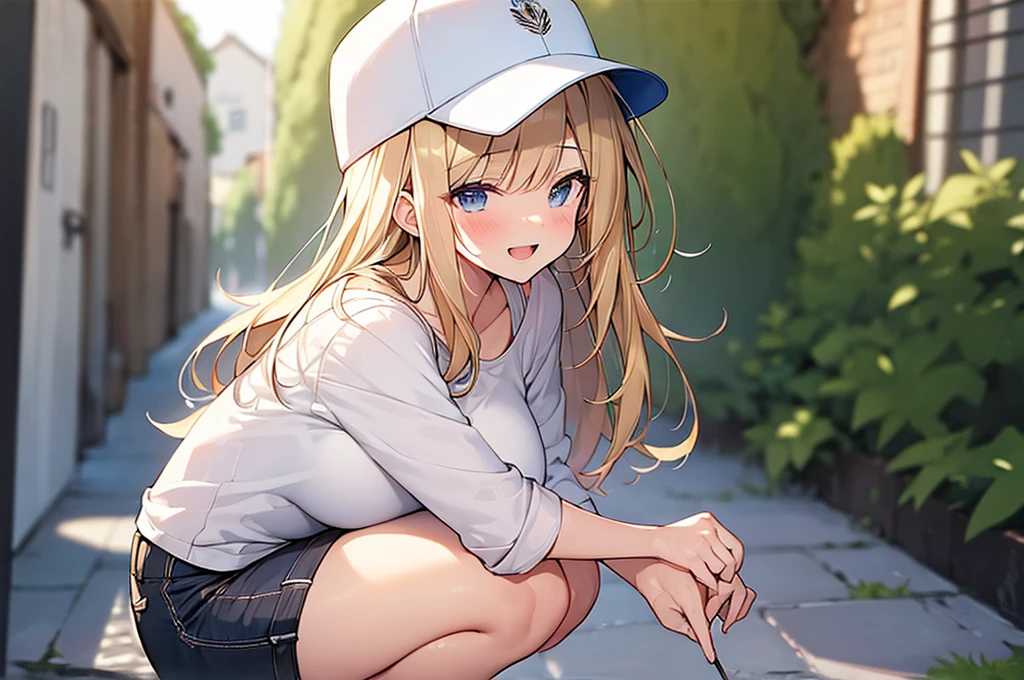 (Masterpiece, Top quality:1.5), 1 beautiful girl, solo, squatting down, from side, Blonde, medium Hair, wavy Hair, asymmetry bangs, swept bangs, airy hair, large breasts:1.2, , standard weight, (casual fashion, Shorts :1.3), baseball cap, smile:1.3, blush, beautiful scene of narrow Alley, blurry background, magnificent panorama view, blurry background, open mouth,