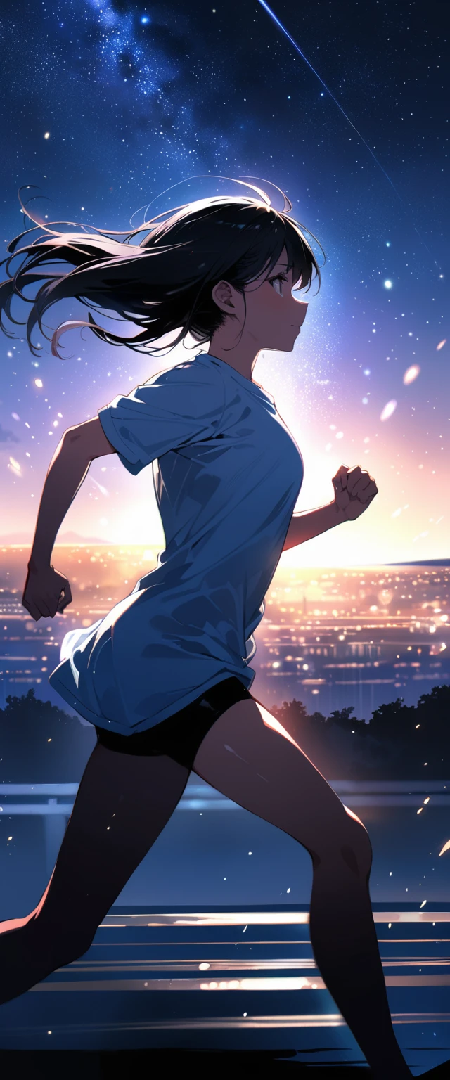 (((masterpiece))),(((Highest quality))),((Very detailed)),Side view,profile,summer night,Starry Sky,Night view,Speed,Sprinting,running, girl with black hair,8k, Super Detail,(10 meters away),Particles of light,T-Shirts,The whole scene is shining&#39;S