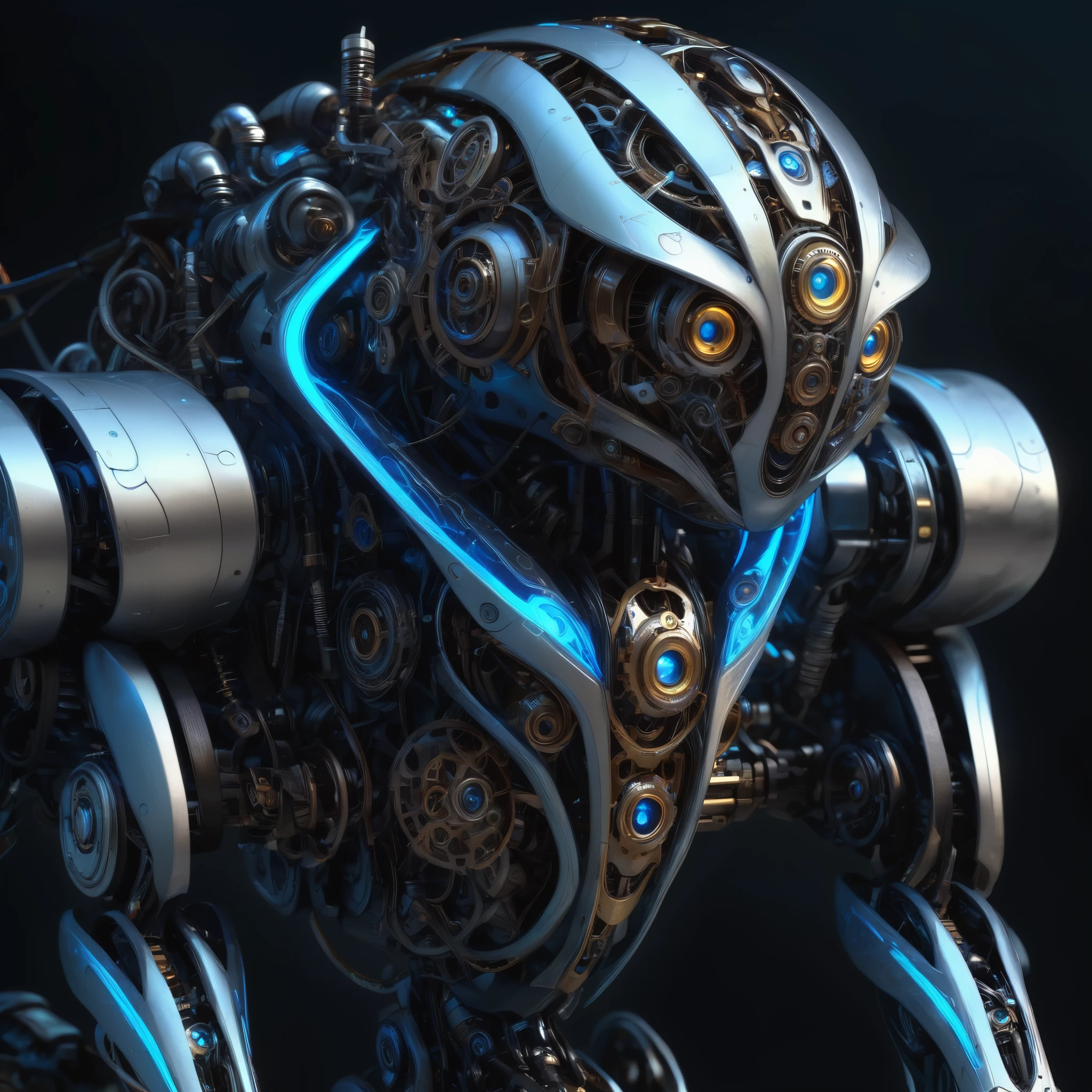((a mechanical creature)), intricate gears and mechanisms, glowing blue eyes, robotic limbs, futuristic design, dark industrial setting, moody lighting, cinematic composition, highly detailed, 8k, photorealistic, award winning digital art