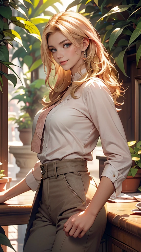 Delicate and beautiful CG art),(highest quality, Very detailed, High resolution),(Dynamic Angle, Dynamic Lighting),(One character),(Long pink and blonde hair), blue eyes, Beautiful Face), 1 girl, (Long sideburns, plant, smile, wear Classic jodhpurs, stable, smooth hand