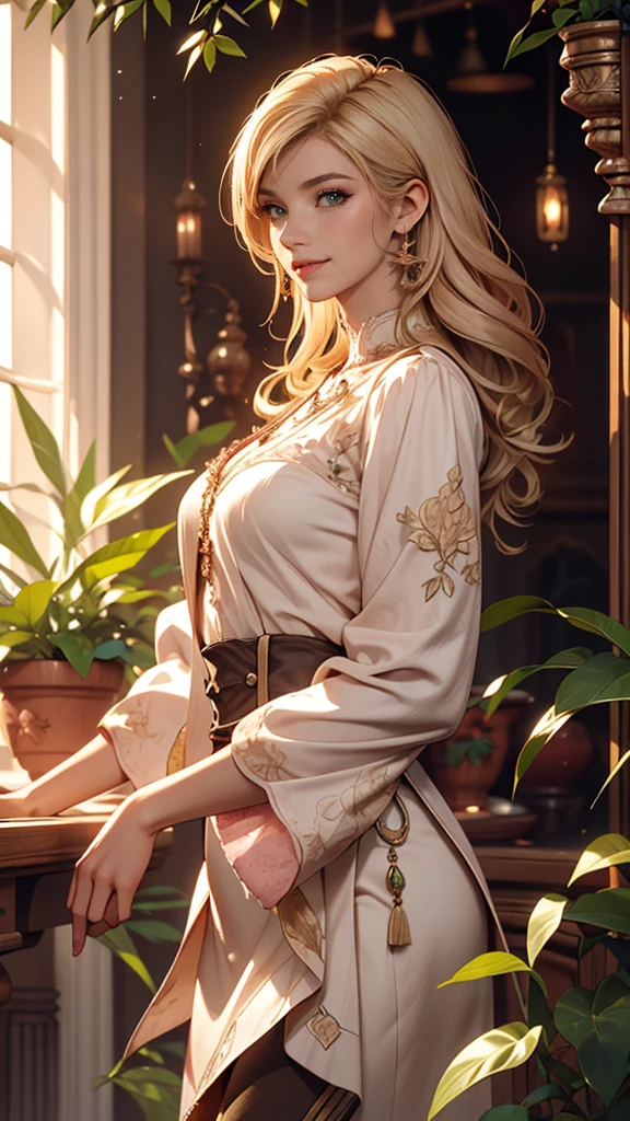 (((Absurd))), (((Highest quality))), Portraiture, Digital Art, (Trending on Art Station), ((One girl)), ((Eyes glowing green)), Star-shaped eyes, beautiful, (Beige blonde long hair), (((Greek clothing))):0.9、Sexy proportions、Sexy、Narrow waist、Scrunchies on the wrist