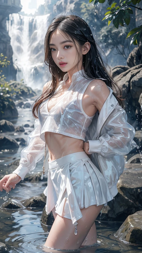 8k, masterpiece, 1 girl, beautiful face, very long hair, light makeup, (glossy skin:1.5), detailed eyes, detailed lips, small bust, short jacket, wet white vest, ((white mini skirt)), ((under pants)), ((bare thigh)), straps clothing, (water falling:1.5), steam effect, water vapor,