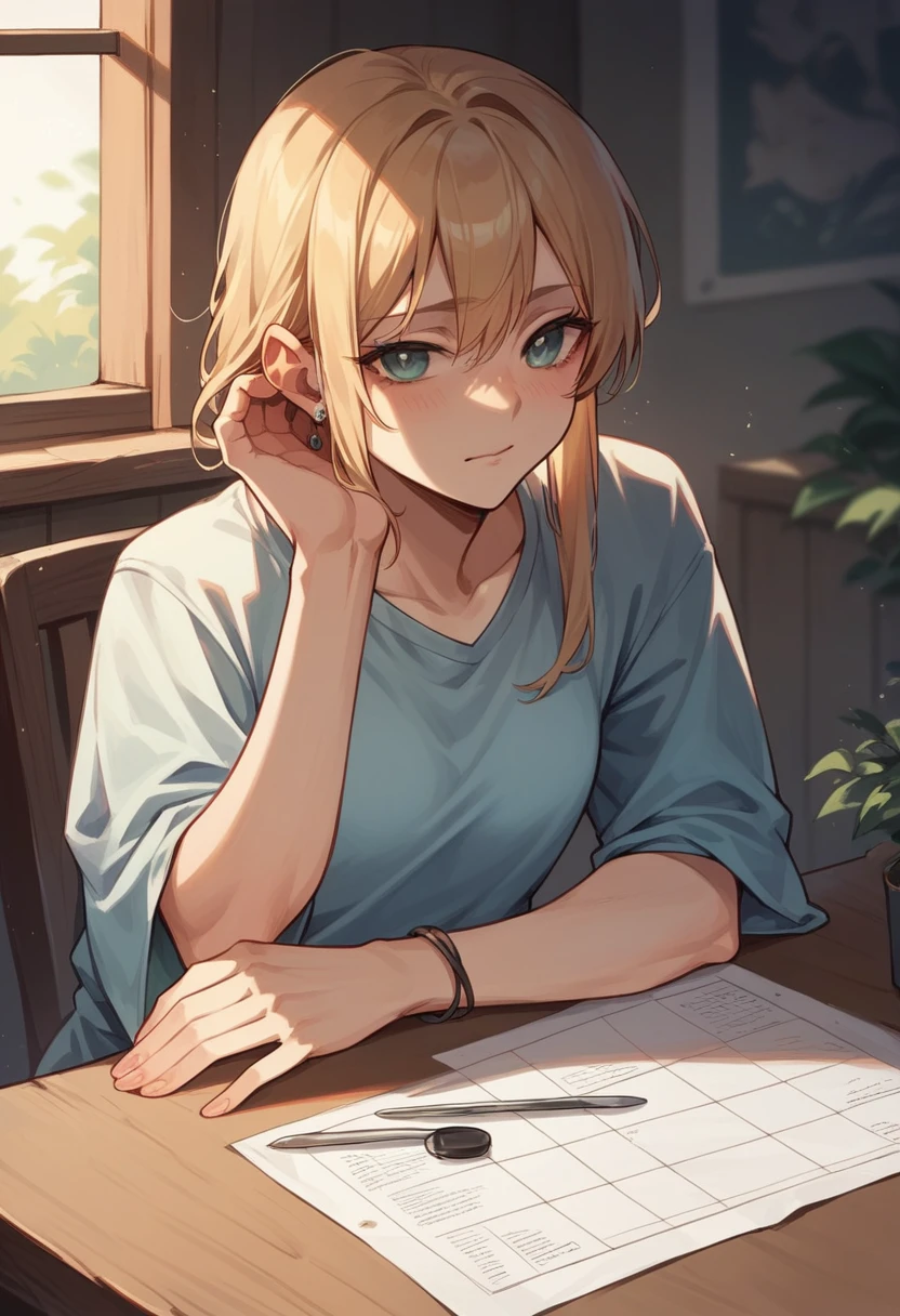 Reines, 1girl, high quality, best quality, illustration, masterpiece, (highly detailed:1.2), (extremely detailed:1.3), flat chest, white tank top, young girl, ribbon, mini skirt, braid, petite, loli, in a house, short hair, sweaty, sitting on chair, smiling, writing on desk, wearing jacket