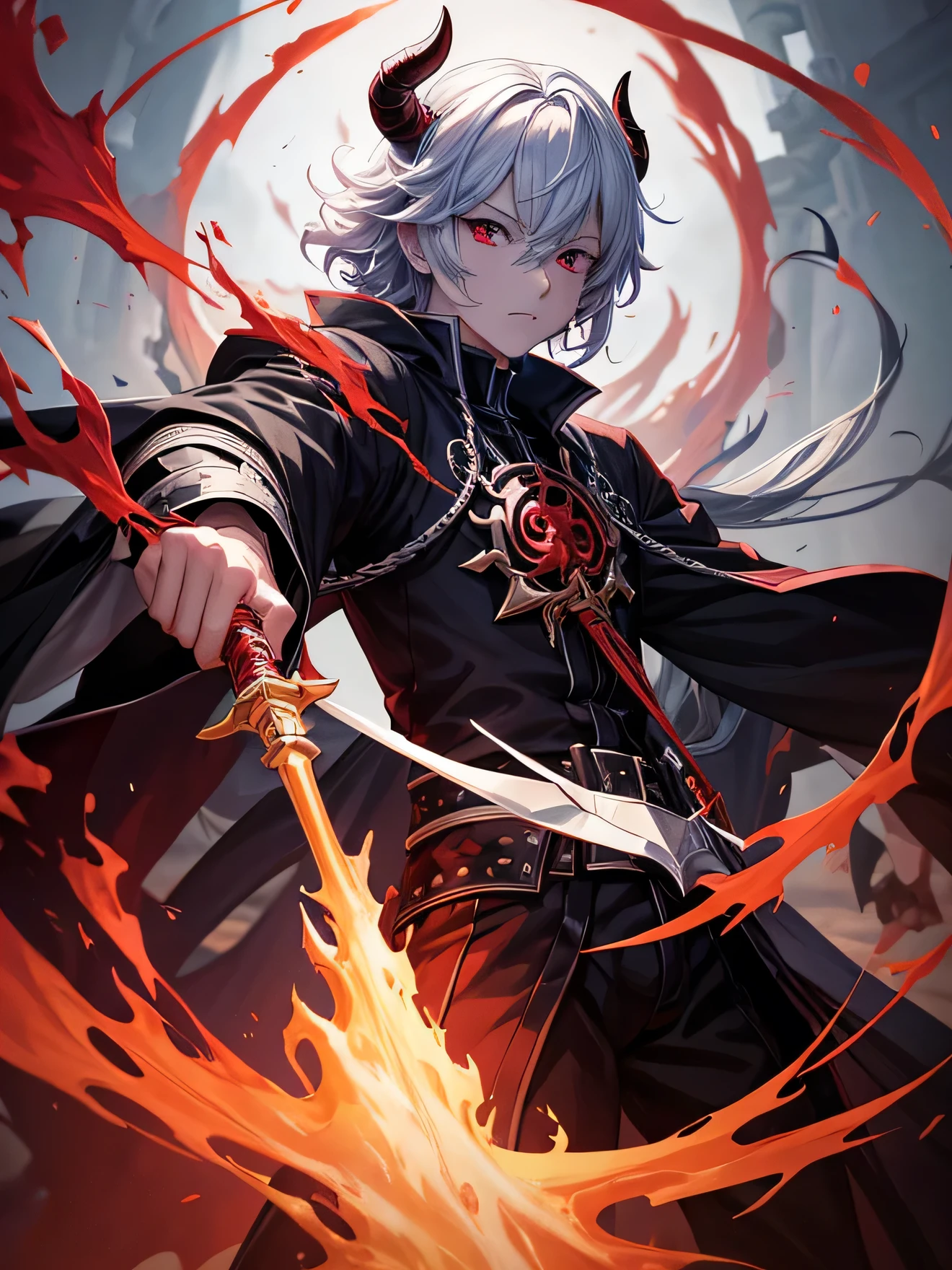 from the front, a man with short white hair, his eyes were red, dressed in a black robe with a red combination, black pants and red and black combination shoes, holding a white sword with a hint of blood splashed on it and beside him was a figure of a red demon like lava, red eyes with two horns,, anime badass 8 k, pria tampan dalam seni demon slayer, gaya seni demon slayer, key anime art, demon slayer rui fanart, best konachan anime 4k wallpapers, handsome man god of death, demon slayer, detail anime character art, Nagito Komaeda, anime character art, wallpaper anime 4k, wallaper anime, hyper realistic, very detail