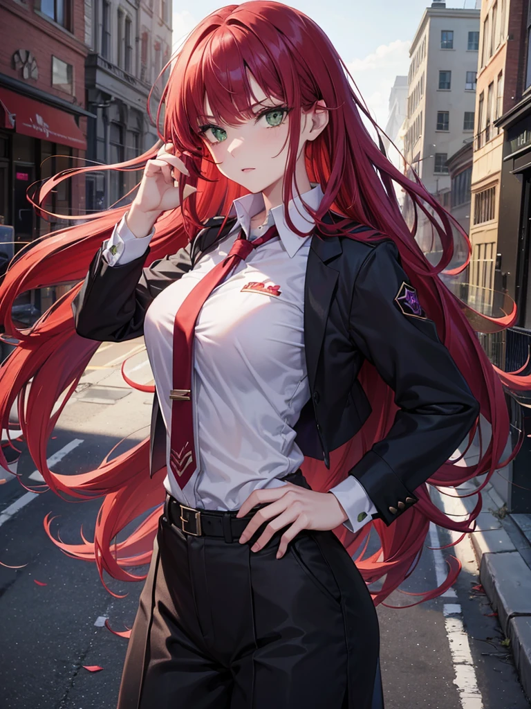 girl, green eyes, long red hair, she hair messy wavy. wear purple black uniform, arogant, independent woman, thug. bad girl. itimidating women. agent. elegant. fighting