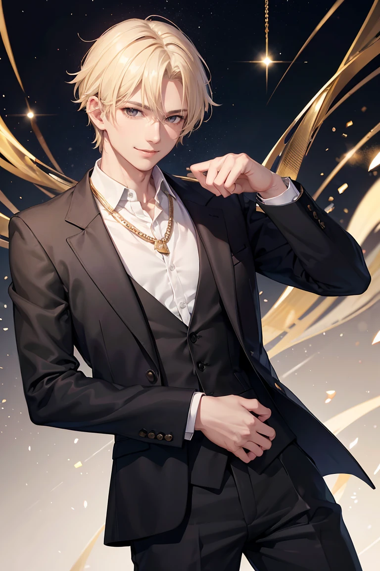 Highest quality、Realistic、60Male in his 20s、zoom、Black eyes、Blonde、Black suit、Plain white Y-shirt、Roll up his sleeves、thin、smile、Bust Shot、Gold Accessories、necklace、in luxury hotel