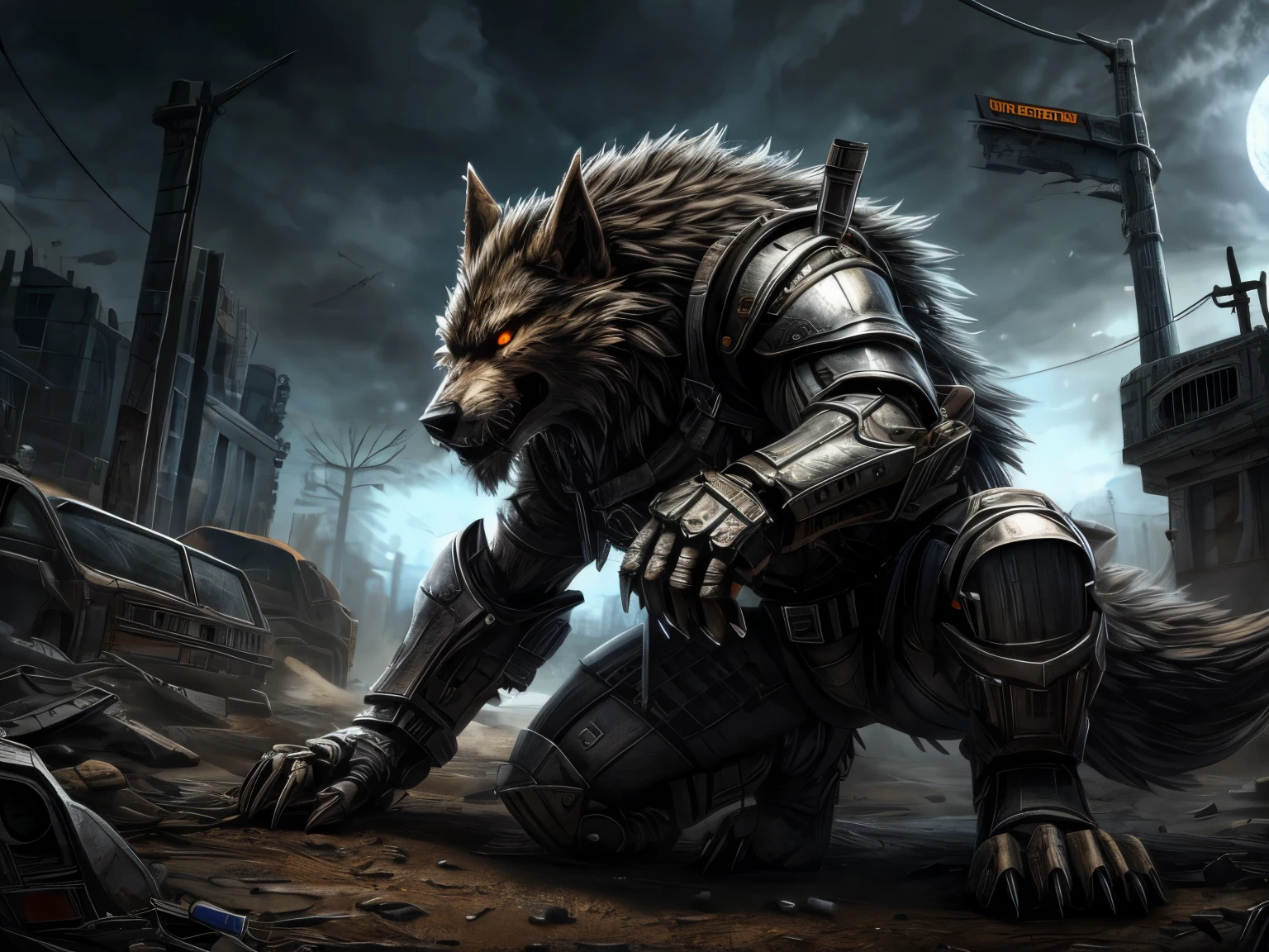 feral, werewolf, metal armor, gun, post-apocalyptic, cyber world, dust