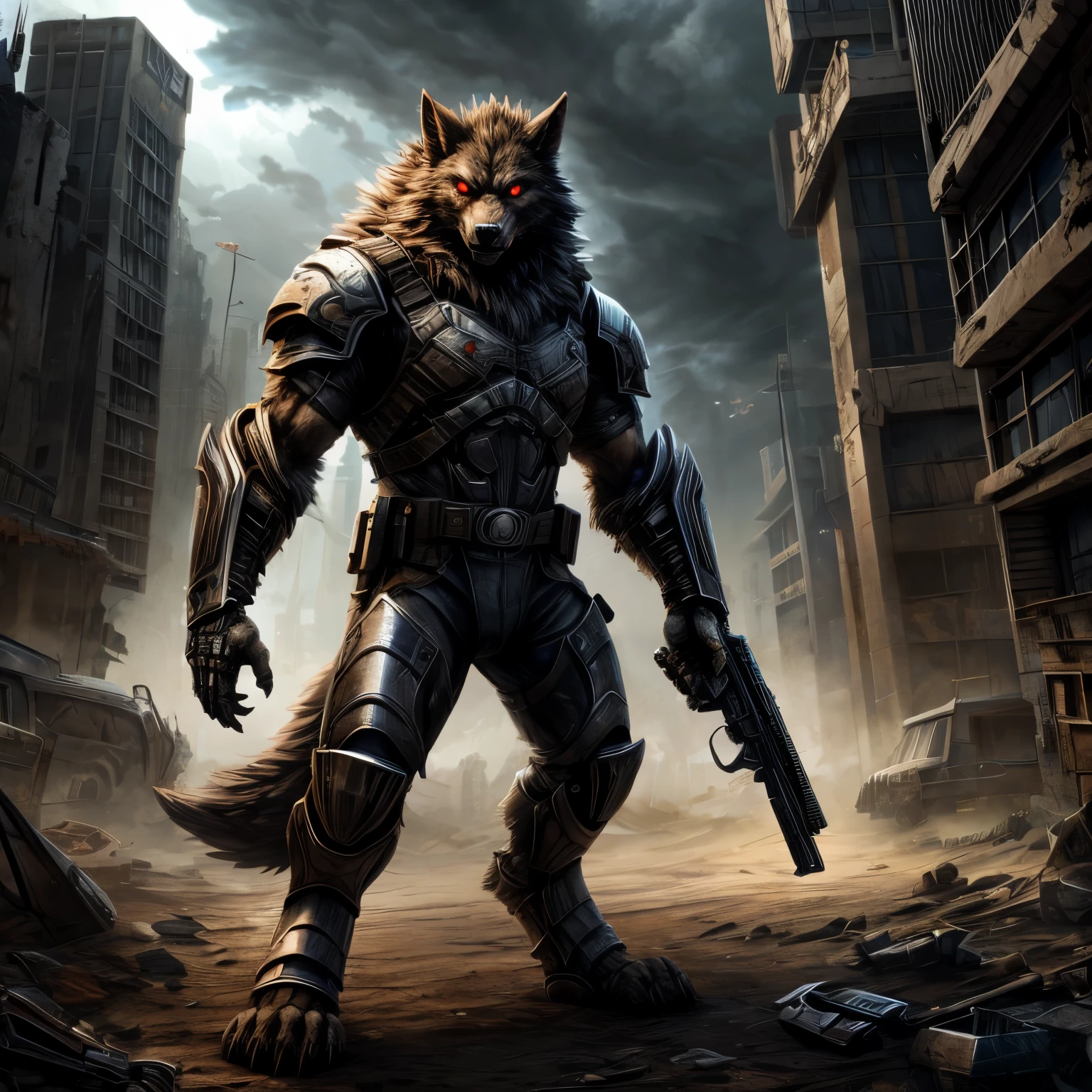 feral, werewolf, red eyes, standing, metal armor, gun in hand, post-apocalyptic, cyber world, dust