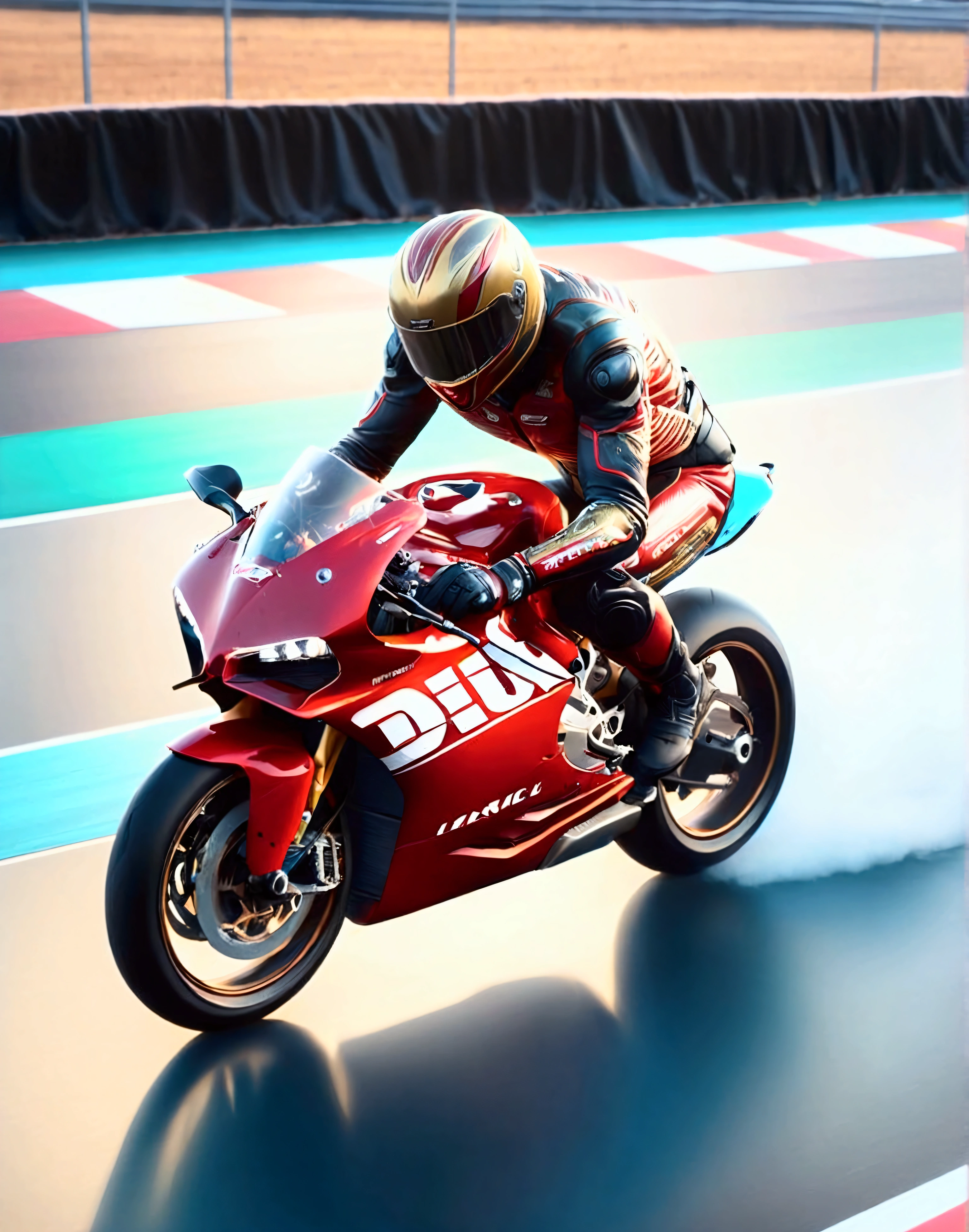 The image features a motorcyclist in full gear, riding a ducati panigale v4 on a race track. The rider is equipped with a helmet that has a red reflective visor covering the face, suggesting the need for protection and visibility. The motorcycle is predominantly blue with red accents and branding, indicating a possible sponsorship or team affiliation. The background suggests motion and speed, with a blurred landscape that implies high velocity. The lighting conditions suggest either early morning or late afternoon, which are often preferred times for such sports due to cooler temperatures and softer light. There's no indication of gender or race as the focus is on the action and equipment., high detail, masterpiece, accurate, anatomically correct, super detail, award winning, highres, 4K, 8k, 16k, retina