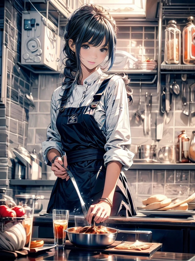 ager female ,Wearing dark blue clothes and white apron,Wearing chef hat,Cooking in the kitchen。Medium shot composition,Full body pictures,color,Anime illustration style,HD,4K。