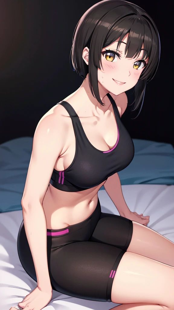 Mio、leggings、Sports Bra、Evil female executive、sexy、Sexy smile、lure、Alluring、Pitch black background、Bedroom at night