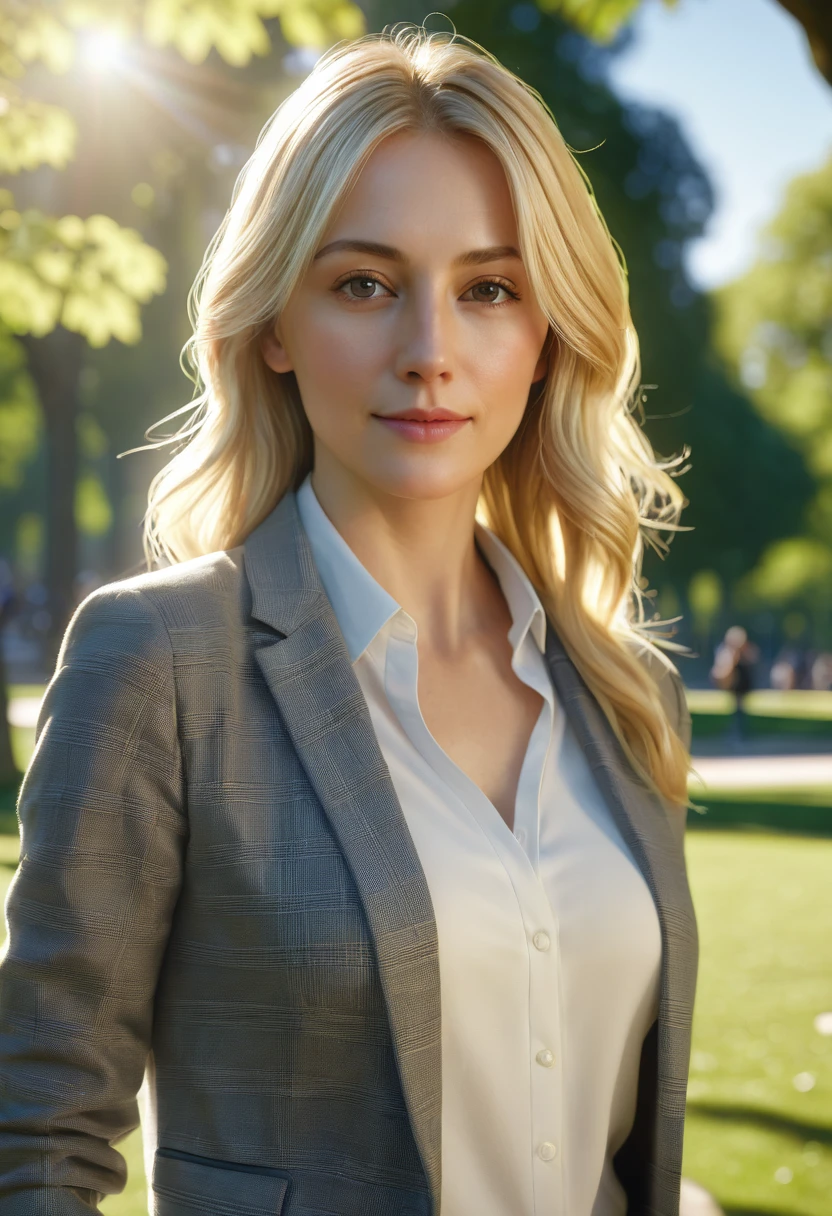 young woman, mid 30s, smart clothes, blonde hair, in a park, sunlight,
highly detailed, 8k, photorealistic, masterpiece