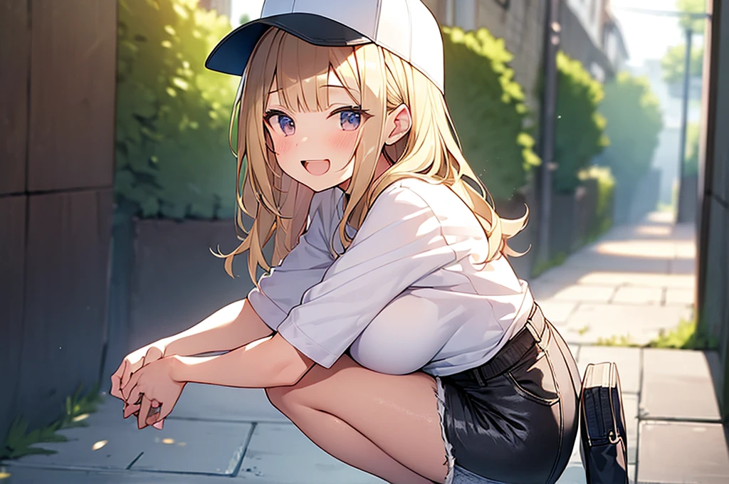 (Masterpiece, Top quality:1.5), 1 beautiful girl, solo, squatting down, from side, Blonde, medium Hair, wavy Hair, asymmetry bangs, swept bangs, airy hair, large breasts:1.2, 16 year old, standard weight, (casual fashion, Shorts :1.3), baseball cap, smile:1.3, blush, beautiful scene of narrow Alley, blurry background, magnificent panorama view, blurry background, open mouth,