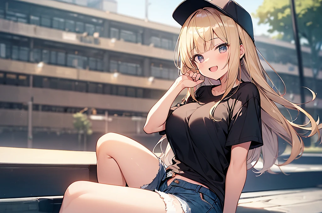 (Masterpiece, Top quality:1.5), 1 beautiful girl, solo, sitting down, from side, Blonde, medium Hair, wavy Hair, asymmetry bangs, swept bangs, airy hair, large breasts:1.2, 16 year old, standard weight, (casual fashion, Shorts :1.3), baseball cap, smile:1.3, blush, beautiful scene of street, blurry background, magnificent panorama view, blurry background, open mouth,