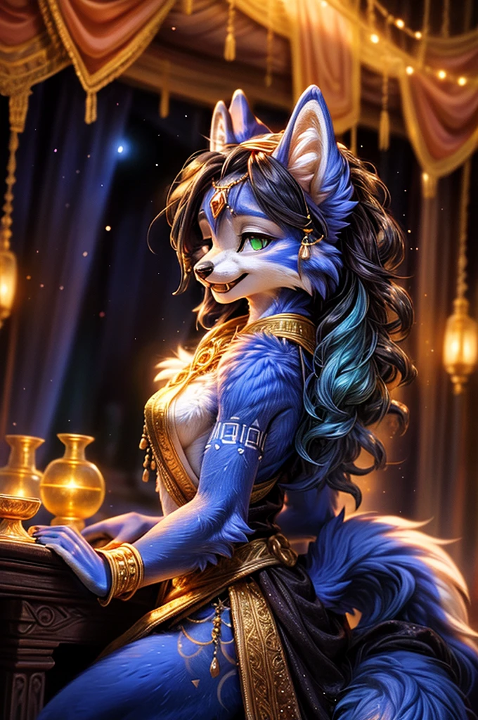 A beautiful and detailed (sweet picture) wa ((krystal)), Star Fox Krystal, sslim, lovable, green eyes, medium breasts, (((Long blue hair 1.3))), ((black hair tips)), Decollete, grin, look up,, anthro, furry, Uploaded E621, detailed fluffy fur, (wa Fluff-Kevlar, Bayard Wu, personalize me, Pino Daeni), detailed face, (fluffy), 1 girl, alone, Tribal clothing, sweet girl, ASCIIrealisti, ​masterpiece,
(Three quarters back) VIEW, back, over shoulder, shot above, detailed and extremely fluffy body fur, shiny coat, Cute fangs,
sit on a table, sexy Pose, ((Long wavy blue hair, Hair above the eye)),
(Starry Night Empress Robes, dark dress, reminiscent of a starry sky, flowing cape, Crescent Accessories),Shimmering Gold, gold necklace, Gold anklets, Gold Bracelets, Golden Belt, golden chain decoration, golden tiara,
Half Closed Eyes, open mouth, Happy,
uploaded to e621, (wa Hasui Kawase:0.5), wa Barbara Takenaga, wa Affandi, wa Beatrice Ethel Lithiby, wa Catcouch,
furrycore,
Night time,
decorated fantasy throne room, colored magic lights, Dim the light,
Antique brass lamps, Hanging brass lamps with stained glass panels cast warm and colorful light into the room, lavishly decorated bed, Cryptic Alchemy Lab radiates an unearthly glow, that defies the laws of natural light., Alchemy laboratory with bubbling potions and mysterious ingredients, living crystalline column,
detailed, realisti, 8K  UHD, good quality, good quality photography, 3-point lighting, Flash with softbox, 4K, Canon EOS R3, HDR, smooth, keen focus, High resolution, Award-winning photo, 80mm, f2.8, bokeh,
Film composition, cinematic lighting,highly detailed, ​masterpiece, best quality, realisti, (intriKatzee:0.9), (High level of detail:1.4), film photograhpy, keen focus,