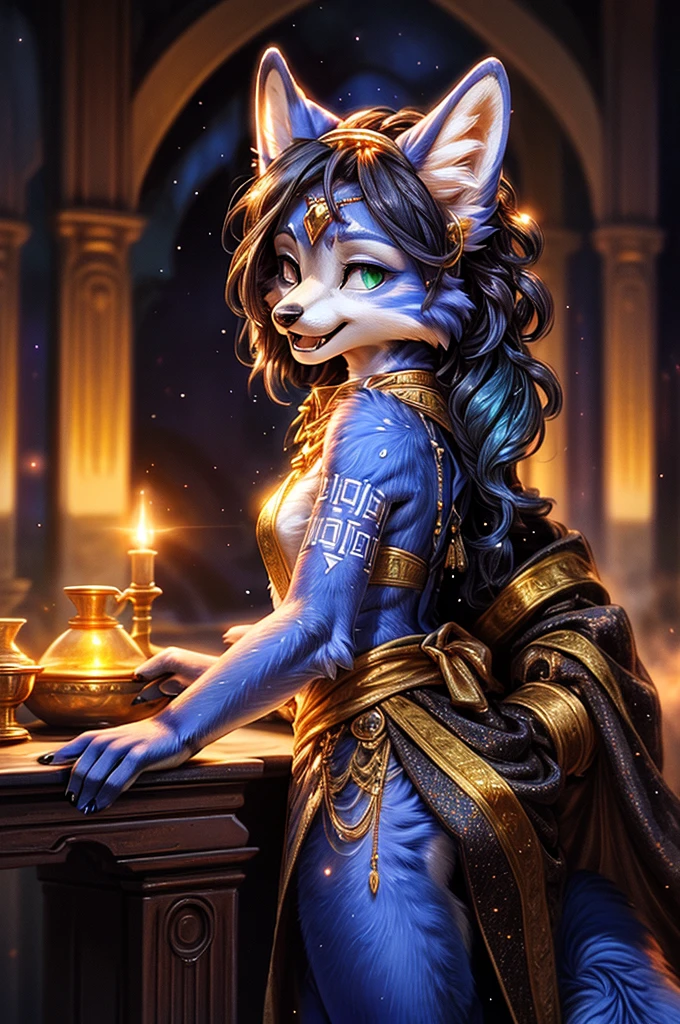 A beautiful and detailed (sweet picture) wa ((krystal)), Star Fox Krystal, sslim, lovable, green eyes, medium breasts, (((Long blue hair 1.3))), ((black hair tips)), Decollete, grin, look up,, anthro, furry, Uploaded E621, detailed fluffy fur, (wa Fluff-Kevlar, Bayard Wu, personalize me, Pino Daeni), detailed face, (fluffy), 1 girl, alone, Tribal clothing, sweet girl, ASCIIrealisti, ​masterpiece,
(Three quarters back) VIEW, back, over shoulder, shot above, detailed and extremely fluffy body fur, shiny coat, Cute fangs,
sit on a table, sexy Pose, ((Long wavy blue hair, Hair above the eye)),
(Starry Night Empress Robes, dark dress, reminiscent of a starry sky, flowing cape, Crescent Accessories),Shimmering Gold, gold necklace, Gold anklets, Gold Bracelets, Golden Belt, golden chain decoration, golden tiara,
Half Closed Eyes, open mouth, Happy,
uploaded to e621, (wa Hasui Kawase:0.5), wa Barbara Takenaga, wa Affandi, wa Beatrice Ethel Lithiby, wa Catcouch,
furrycore,
Night time,
decorated fantasy throne room, colored magic lights, Dim the light,
Antique brass lamps, Hanging brass lamps with stained glass panels cast warm and colorful light into the room, lavishly decorated bed, Cryptic Alchemy Lab radiates an unearthly glow, that defies the laws of natural light., Alchemy laboratory with bubbling potions and mysterious ingredients, living crystalline column,
detailed, realisti, 8K  UHD, good quality, good quality photography, 3-point lighting, Flash with softbox, 4K, Canon EOS R3, HDR, smooth, keen focus, High resolution, Award-winning photo, 80mm, f2.8, bokeh,
Film composition, cinematic lighting,highly detailed, ​masterpiece, best quality, realisti, (intriKatzee:0.9), (High level of detail:1.4), film photograhpy, keen focus,