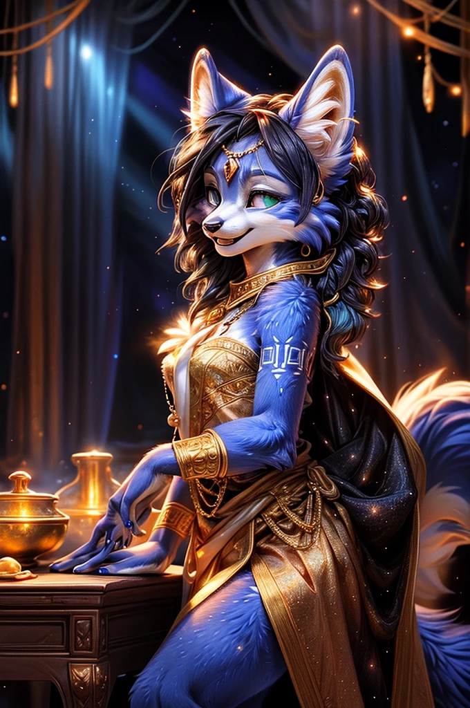 A beautiful and detailed (sweet picture) wa ((krystal)), Star Fox Krystal, sslim, lovable, green eyes, medium breasts, (((Long blue hair 1.3))), ((black hair tips)), Decollete, grin, look up,, anthro, furry, Uploaded E621, detailed fluffy fur, (wa Fluff-Kevlar, Bayard Wu, personalize me, Pino Daeni), detailed face, (fluffy), 1 girl, alone, Tribal clothing, sweet girl, ASCIIrealisti, masterpiece,
(Three quarters back) VIEW, back, over shoulder, shot above, detailed and extremely fluffy body fur, shiny coat, Cute fangs,
sit on a table, sexy Pose, ((Long wavy blue hair, Hair above the eye)),
(Starry Night Empress Robes, dark dress, reminiscent of a starry sky, flowing cape, Crescent Accessories),Shimmering Gold, gold necklace, Gold anklets, Gold Bracelets, Golden Belt, golden chain decoration, golden tiara,
Half Closed Eyes, open mouth, Happy,
uploaded to e621, (wa Hasui Kawase:0.5), wa Barbara Takenaga, wa Affandi, wa Beatrice Ethel Lithiby, wa Catcouch,
furrycore,
Night time,
decorated fantasy throne room, colored magic lights, Dim the light,
Antique brass lamps, Hanging brass lamps with stained glass panels cast warm and colorful light into the room, lavishly decorated bed, Cryptic Alchemy Lab radiates an unearthly glow, that defies the laws of natural light., Alchemy laboratory with bubbling potions and mysterious ingredients, living crystalline column,
detailed, realisti, 8K UHD, good quality, good quality photography, 3-point lighting, Flash with softbox, 4K, Canon EOS R3, HDR, smooth, keen focus, High resolution, Award-winning photo, 80mm, f2.8, bokeh,
Film composition, cinematic lighting,highly detailed, masterpiece, best quality, realisti, (intriKatzee:0.9), (High level of detail:1.4), film photograhpy, keen focus,