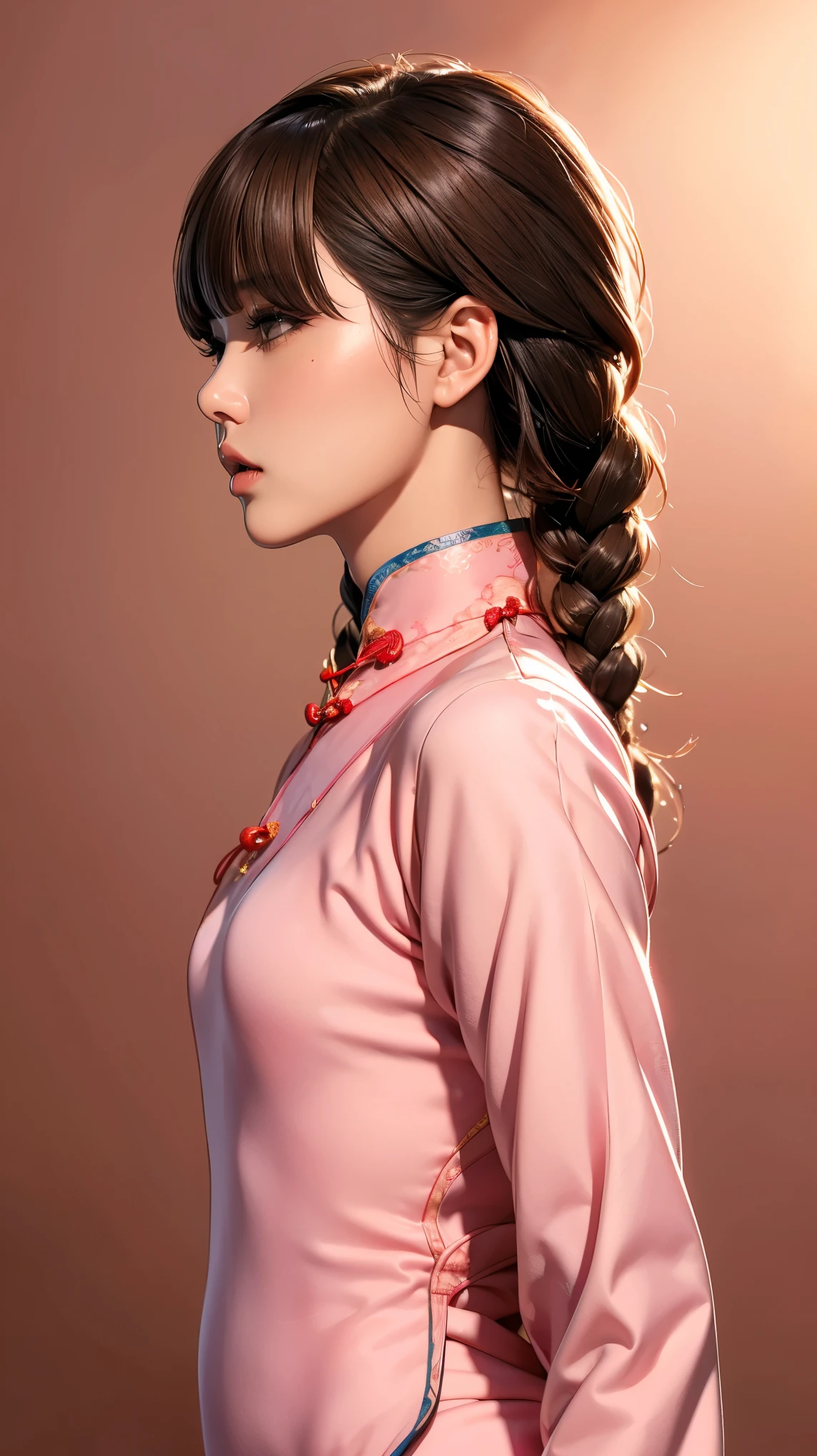 Realistic, masterpiece, Highest quality, Highest Resolution, Anatomically correct, Accurate Anatomy, 7 heads, Height: 165cm, One Japanese woman, A sharp expression with some teeth showing, Profile staring into the distance, Fine and beautiful eyes, Sparkling eyes, Thin eyebrows, Gives lashes a delicate finish, False eyelashes, (Chinese traditional makeup:1.2), (Braided hair, Blunt bangs, Brown Hair:1.2), Detailed face, Sharp Eyes, (Classic pink cheongsam, Fitted clothing:1.3), Bust up photo, Blank background in warm colors