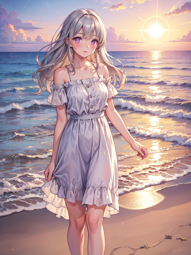 Genuine istic, one girl, gray hair, purple eyes, glowing eyes, cropped tops, skirts, lips away, blush, night, sun, sun, sun light, medium dress, moderate Hair of the length of, genuine, warm color, background color bright color, daytime environment, bright color background, beach, sea, cute,