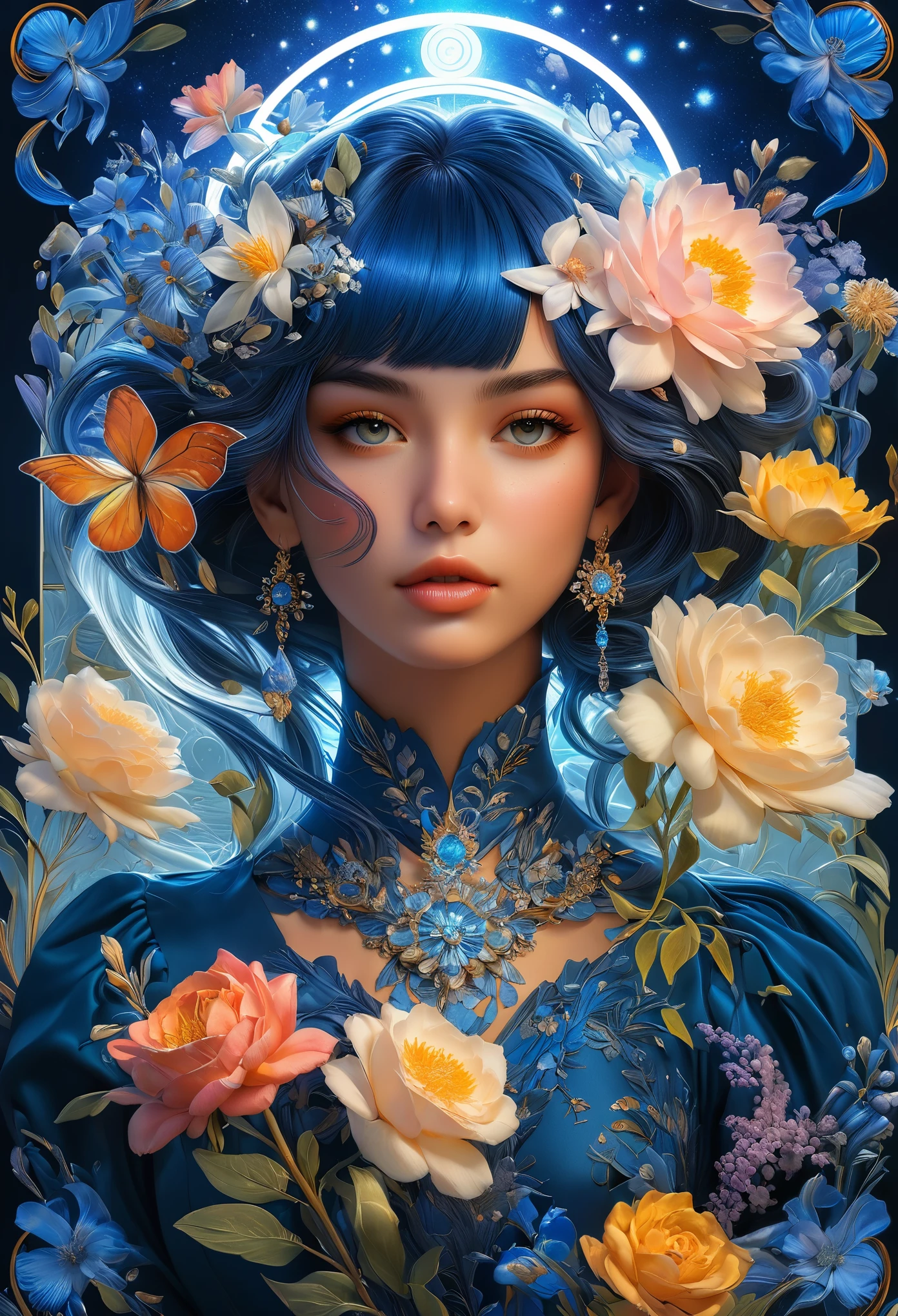 (masterpiece, Highest quality, Highest quality, Official Art, beautifully、aesthetic:1.2), (One girl:1.3), (Fractal Art:1.3), card, Tarot, Navy blue Hair, Twin Blade, Hair Flower, (Good lighting:1.1), ((High resolution)), Tarot card style