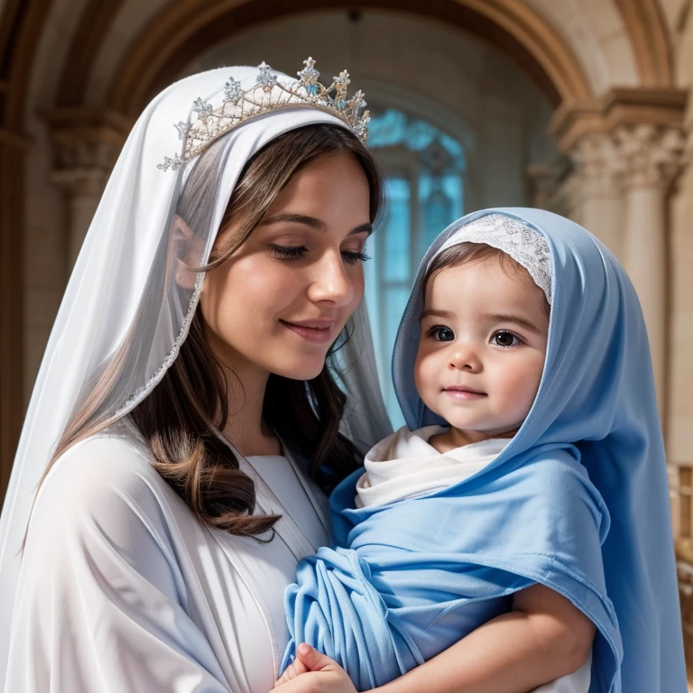virgin Mary cheek to cheek the baby Jesus. She is dressed in a plain blue and white robe, a light veil covers her hair. Etheral background. Mary and Jesus have a bright halo , mary has a large crown arkh] of her head