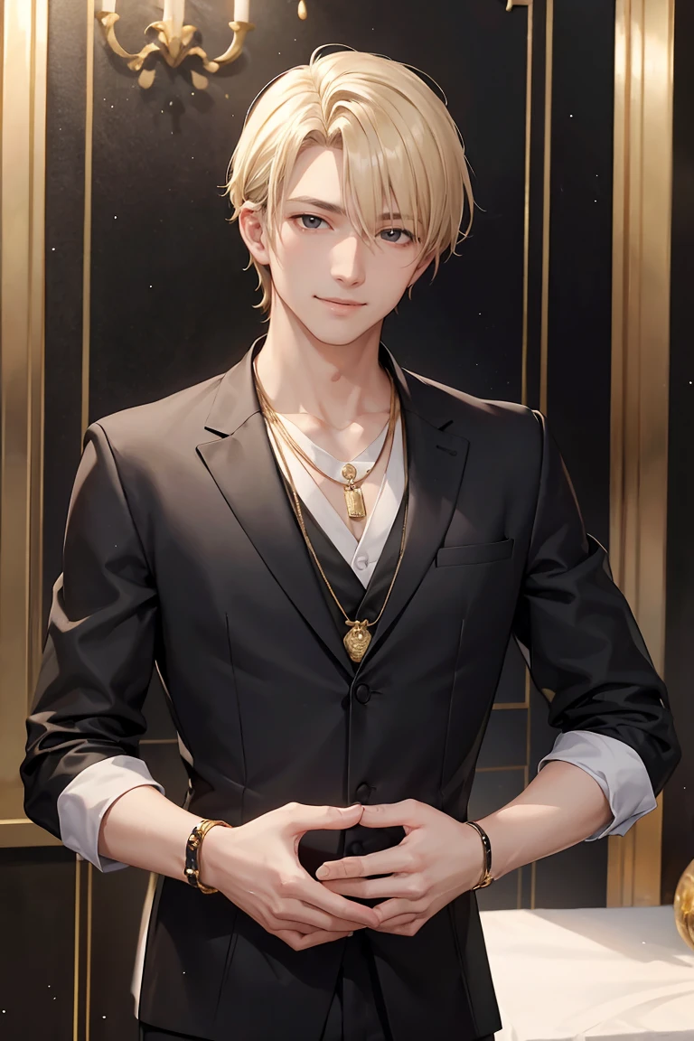 Highest quality、Realistic、60Male in his 20s、Old man、zoom、Black eyes、Blonde、Black suit、Plain white Y-shirt、Roll up his sleeves、thin、smile、Bust Shot、Gold Accessories、necklace、in luxury hotel