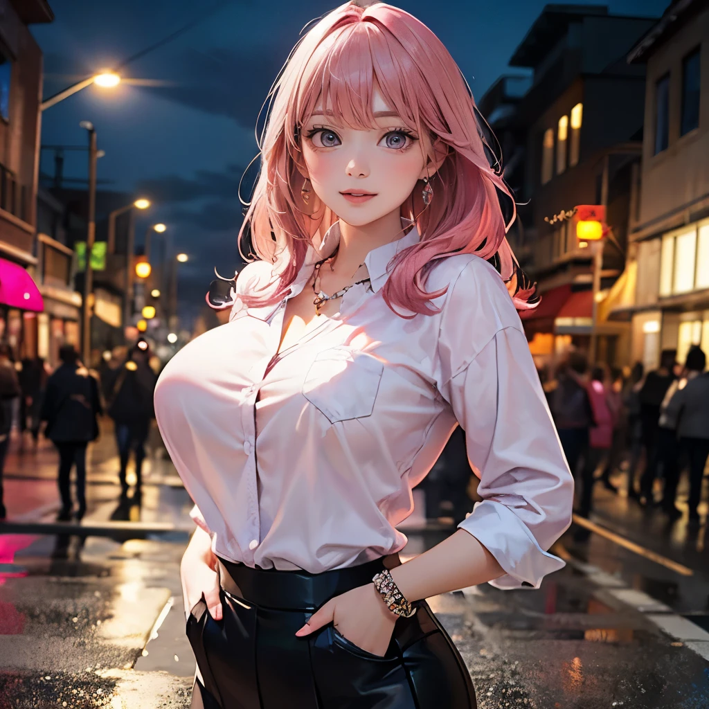 (masterpiece, Highest quality:1.3), (Super detailed:1.2), (hyperRealistic:1.3), (RAW Photos:1.2), High-definition RAW color photos, Professional photos, (PhotoRealistic:1.4), (Realistic:1.4), (Pink Hair:1.5), Professional Lighting, Perfect Anatomy, (Big Breasts:1.2), (blush, Detailed face), (Bright smile:1.5), Trending Hair&Trending Hairカラーをランダムに, Earrings, necklace, bracelet, Sexy, erotic Sexy, Random sexy gravure poses, (Beautiful woman in a black leather skirt、Urban neon street in the background、Cool look、Long hair blowing in the wind、Stand with one hand in your pocket、The garter belt is visible through the slit in the skirt。:1.3)