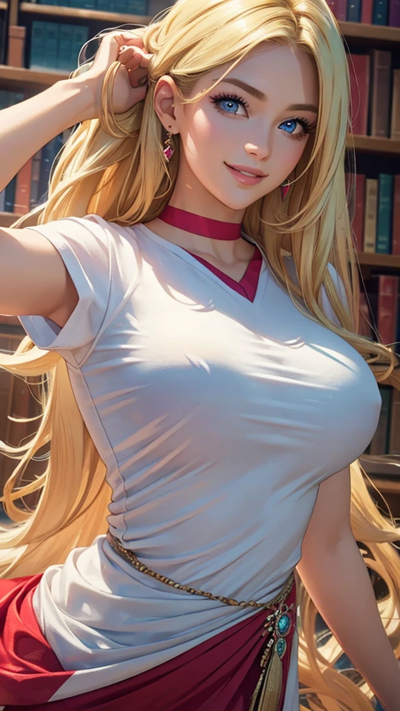 (best quality,ultra-detailed,photo-realistic:1.37),bright and vibrant colors,studio lighting,playful expression,stylish makeup,long blonde hair flowing in the wind,alluring eyes,glossy lips,sexy pose, T-shirts, library, smiling in a confident and seductive way,posing for a professional photoshoot,shallow depth of field,highlighting the main subject,soft natural lighting,creating a dreamy and magical atmosphere.