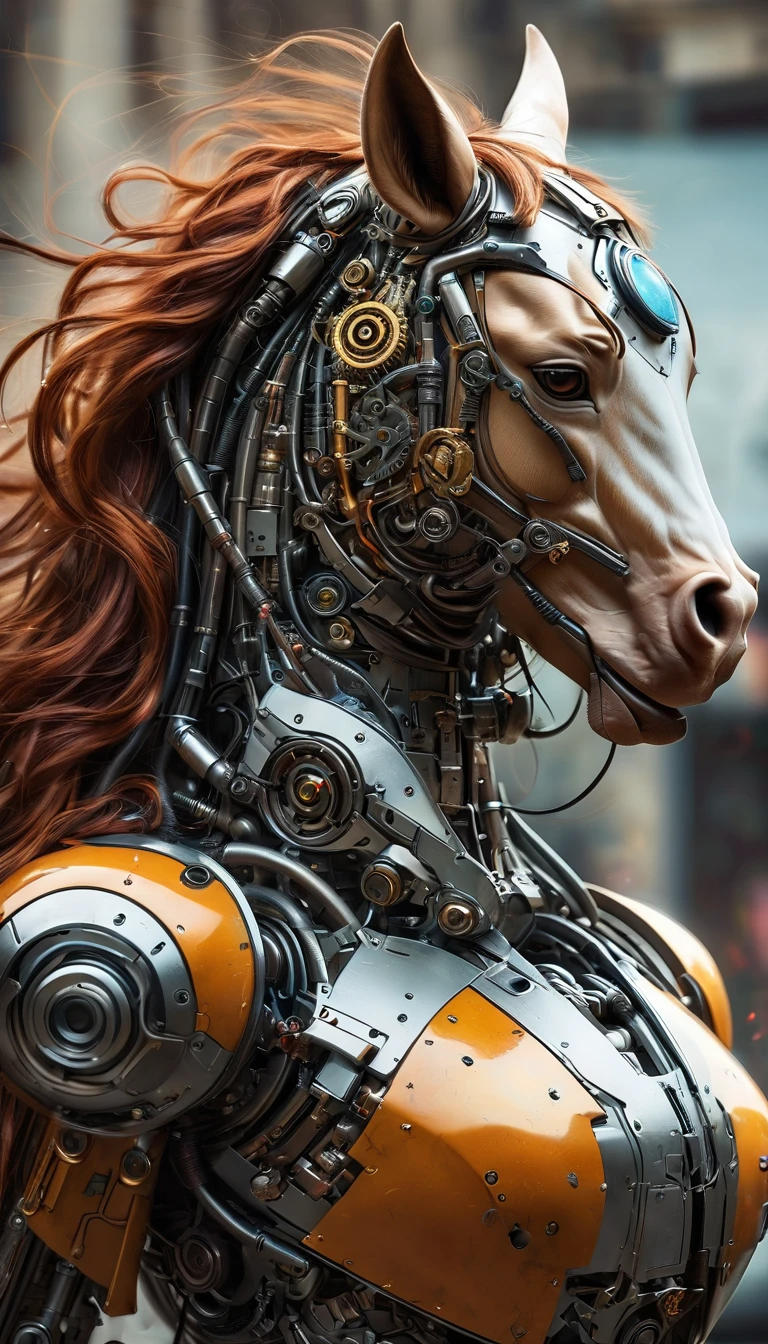 scary mechanical creature that look like mix of female body and bird and horse, photorealistic digital painting , intricate details of mechanical parts and elements