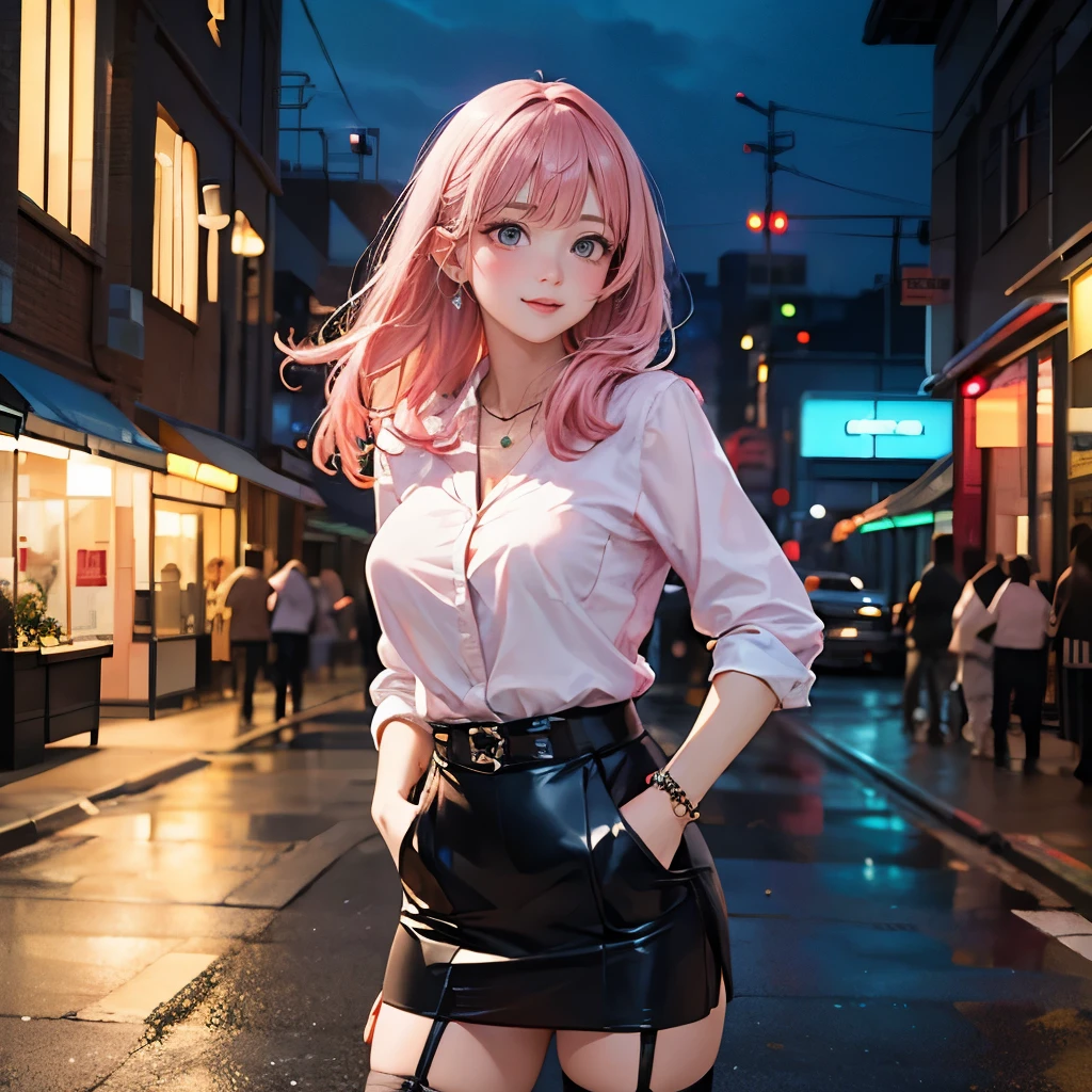 (masterpiece, Highest quality:1.3), (Super detailed:1.2), (hyperRealistic:1.3), (RAW Photos:1.2), High-definition RAW color photos, Professional photos, (PhotoRealistic:1.4), (Realistic:1.4), (Pink Hair:1.5), Professional Lighting, Perfect Anatomy, (Big Breasts:1.2), (blush, Detailed face), (Bright smile:1.5), Trending Hair&Trending Hairカラーをランダムに, Earrings, necklace, bracelet, Sexy, erotic Sexy, Random sexy gravure poses, (Beautiful woman in a black leather skirt、Urban neon street in the background、Cool look、Long hair blowing in the wind、Stand with one hand in your pocket、The garter belt is visible through the slit in the skirt。:1.3)